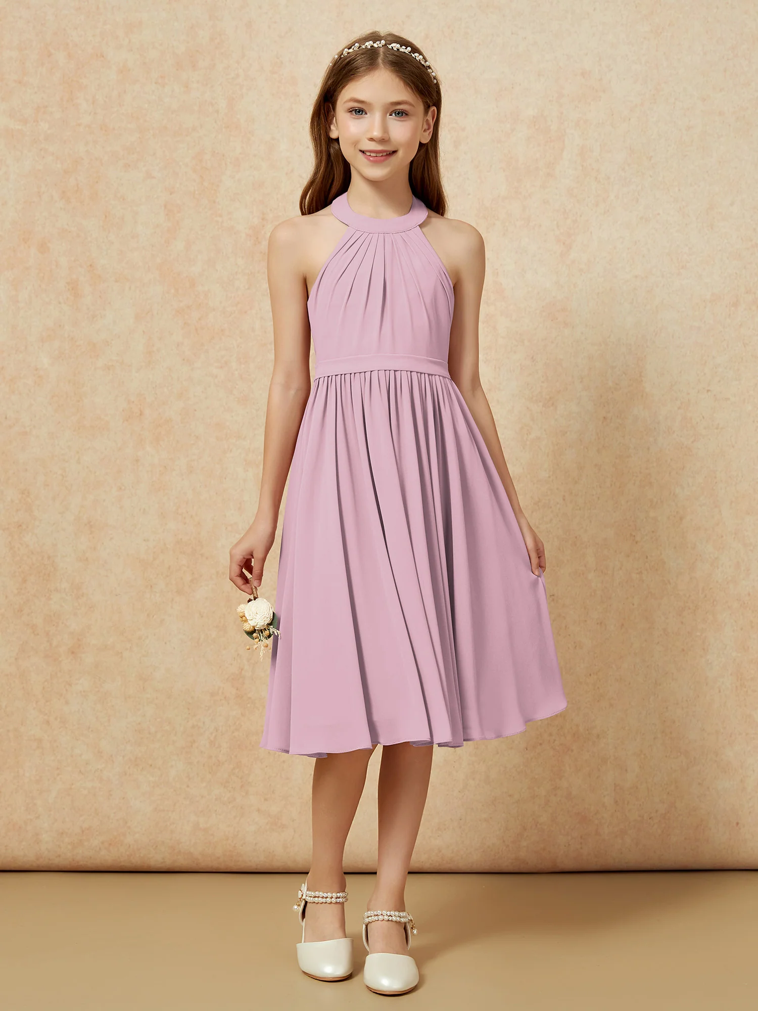 Grecian Neck Knee-length Chiffon Junior Bridesmaid Dress Vintage Mauve - Image 4