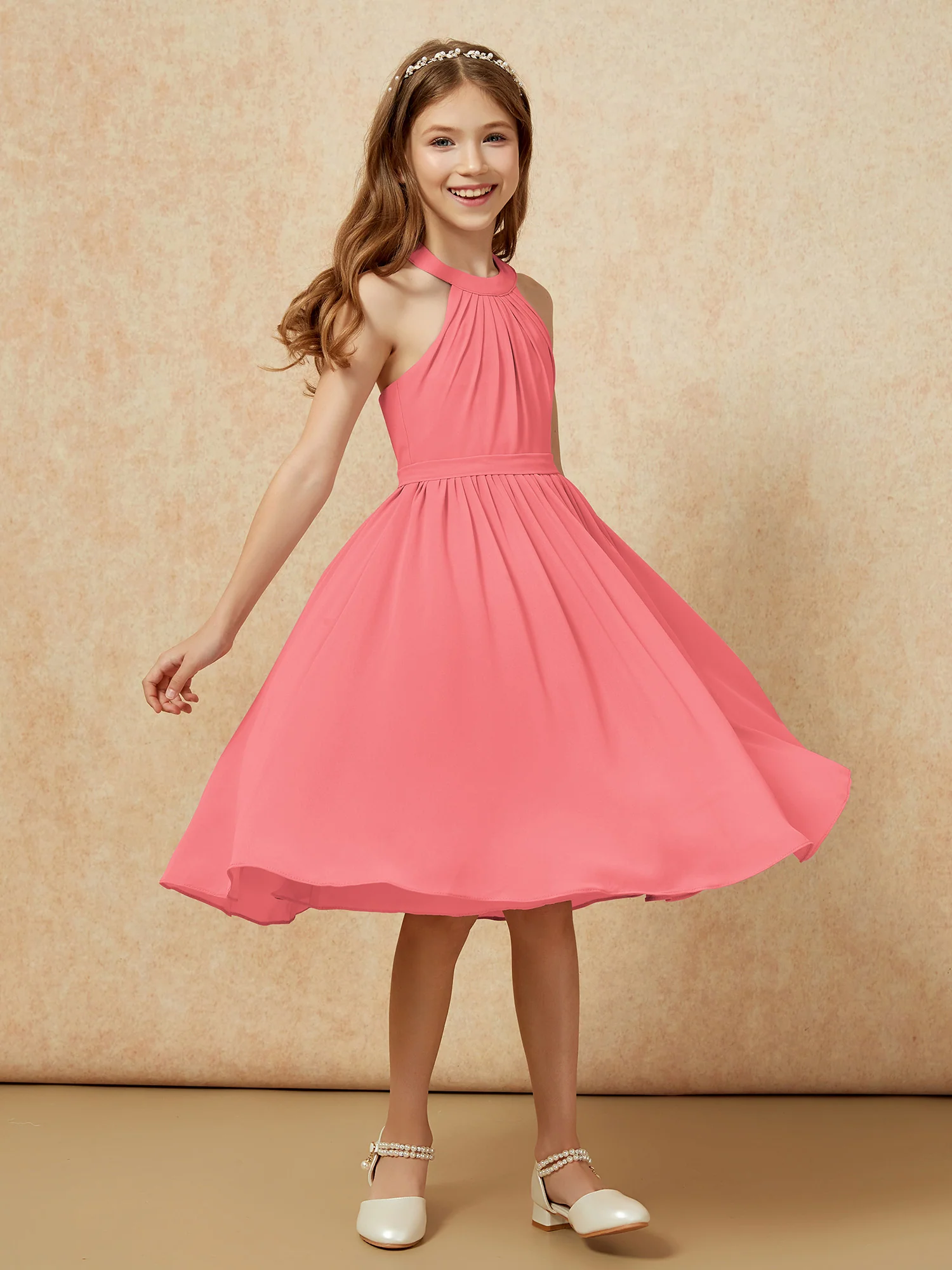 Grecian Neck Knee-length Chiffon Junior Bridesmaid Dress Watermelon - Image 3