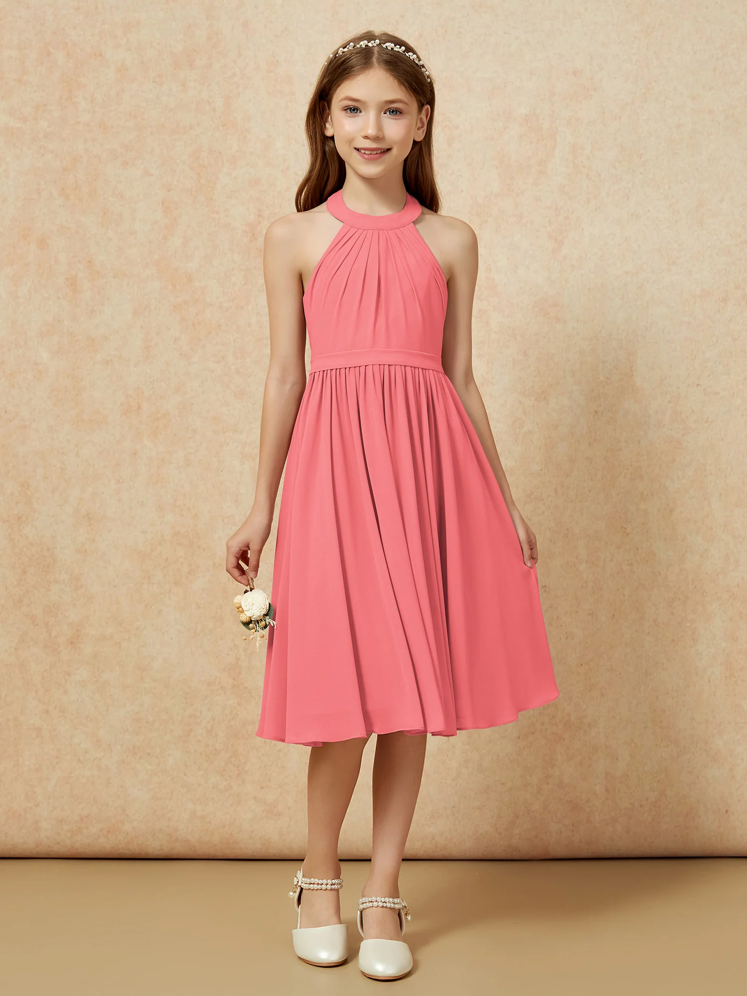 Grecian Neck Knee-length Chiffon Junior Bridesmaid Dress Watermelon - Image 4