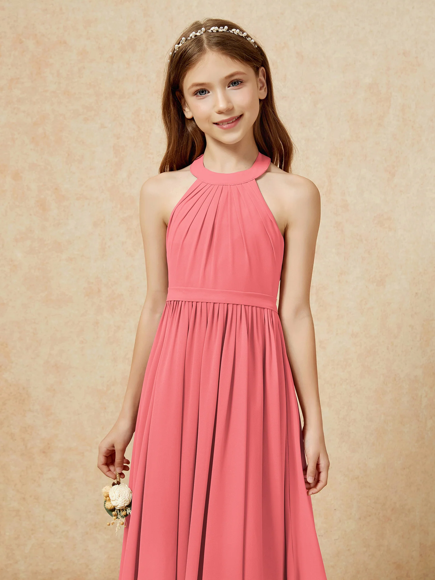 Grecian Neck Knee-length Chiffon Junior Bridesmaid Dress Watermelon - Image 6