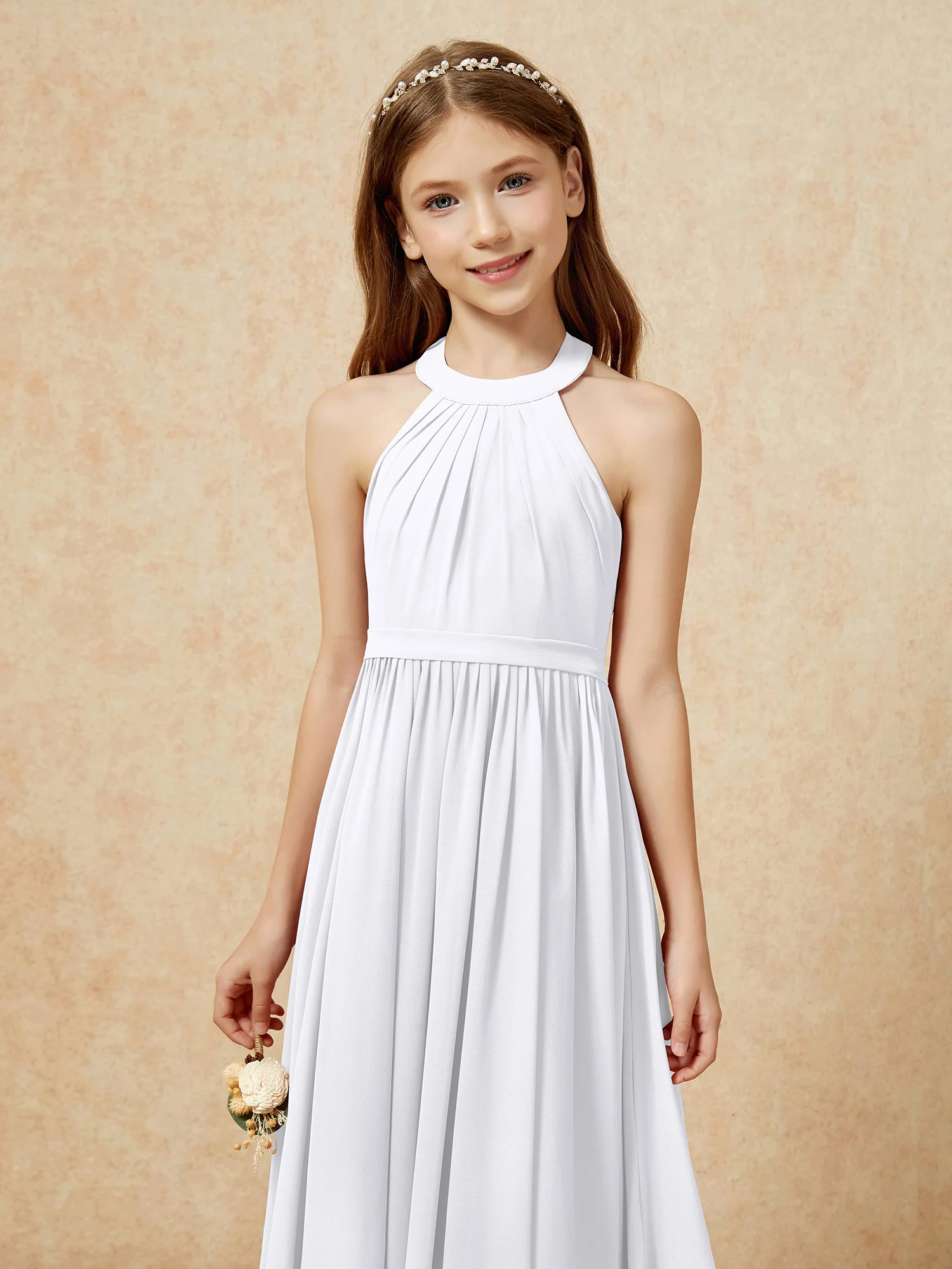 Grecian Neck Knee-length Chiffon Junior Bridesmaid Dress White - Image 6