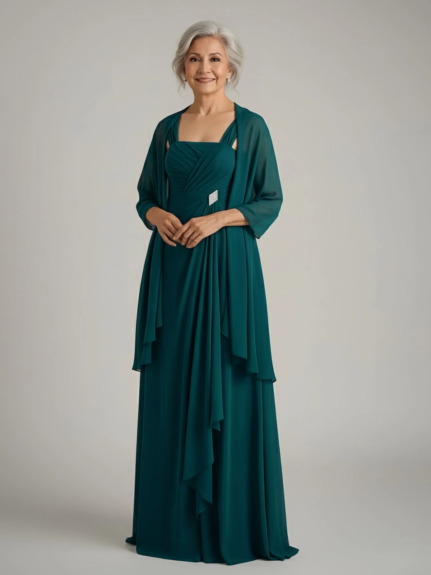 Ruched Bodice Chiffon Gown with Coordinating Shawl Watermelon