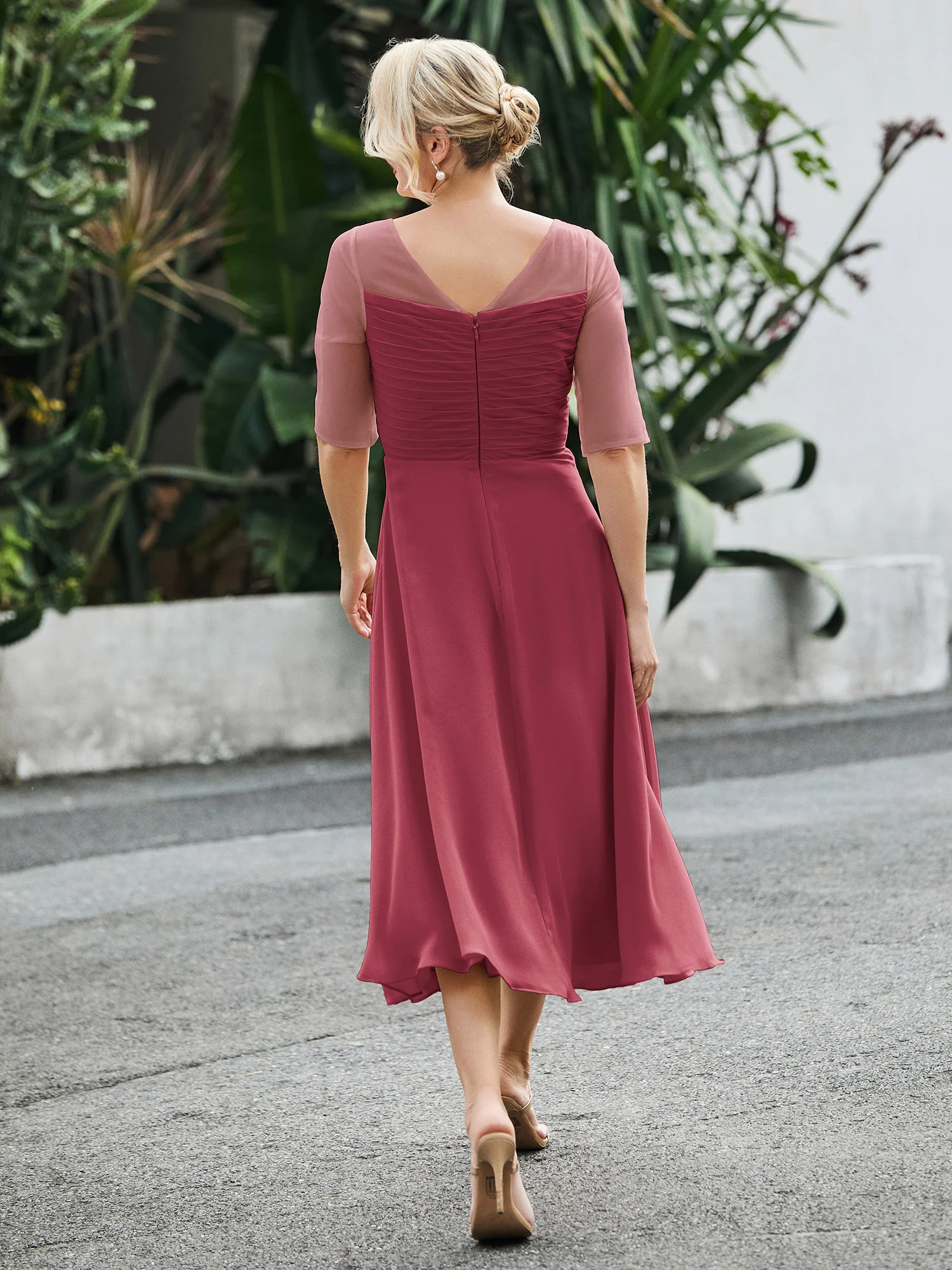 Half Sleeve A-line Tea-length Chiffon Dress Cinnamon Rose - Image 2