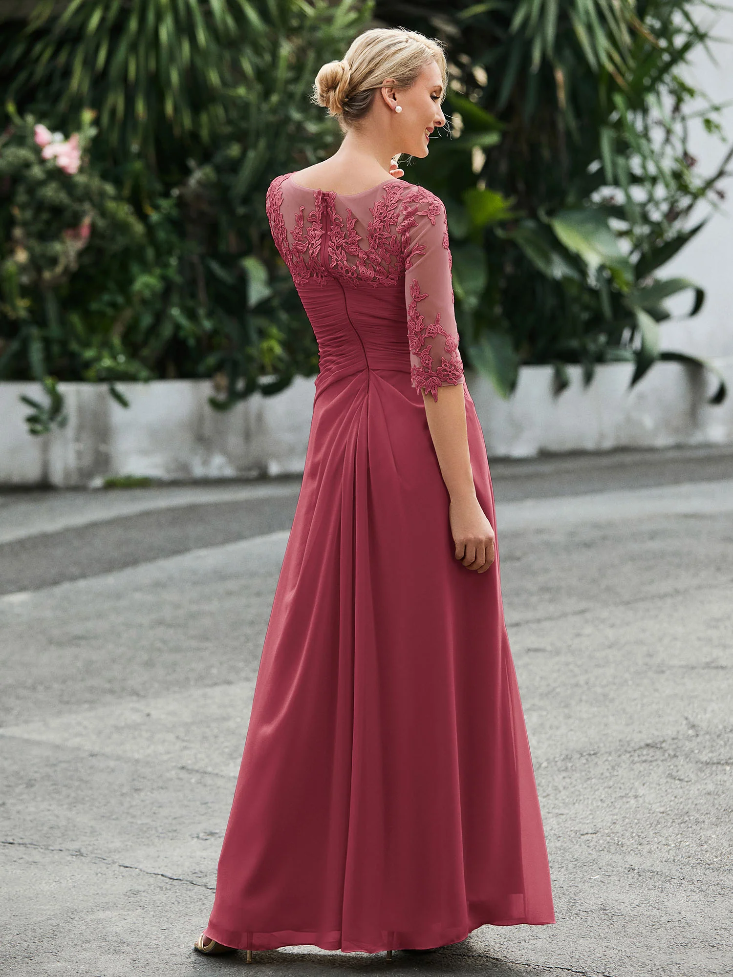 Half Sleeve Floor-length Dress with Slit Cinnamon Rose - Image 2