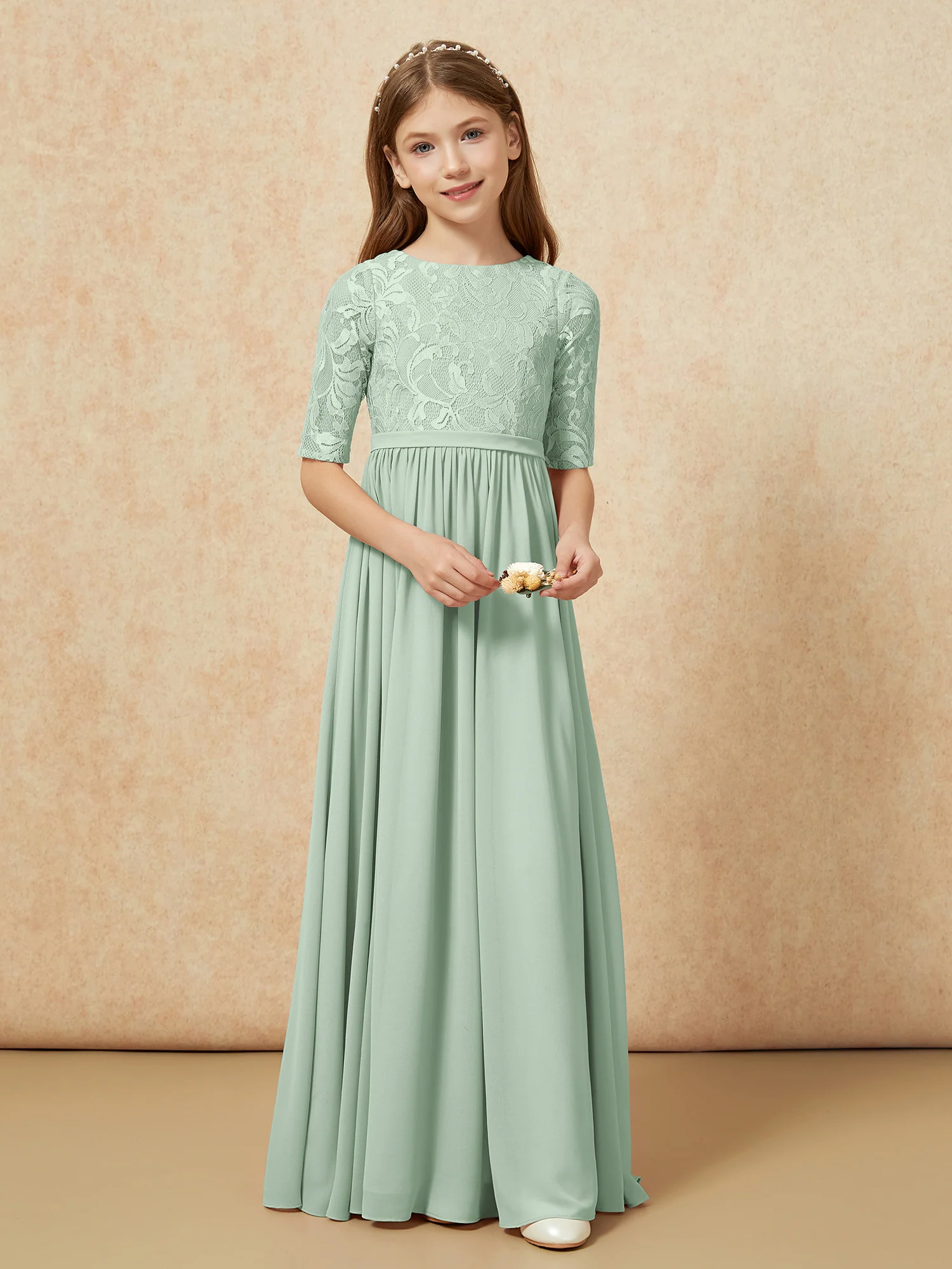 Half Sleeve Lace Top Chiffon Junior Bridesmaid Dresses Agave - Image 4