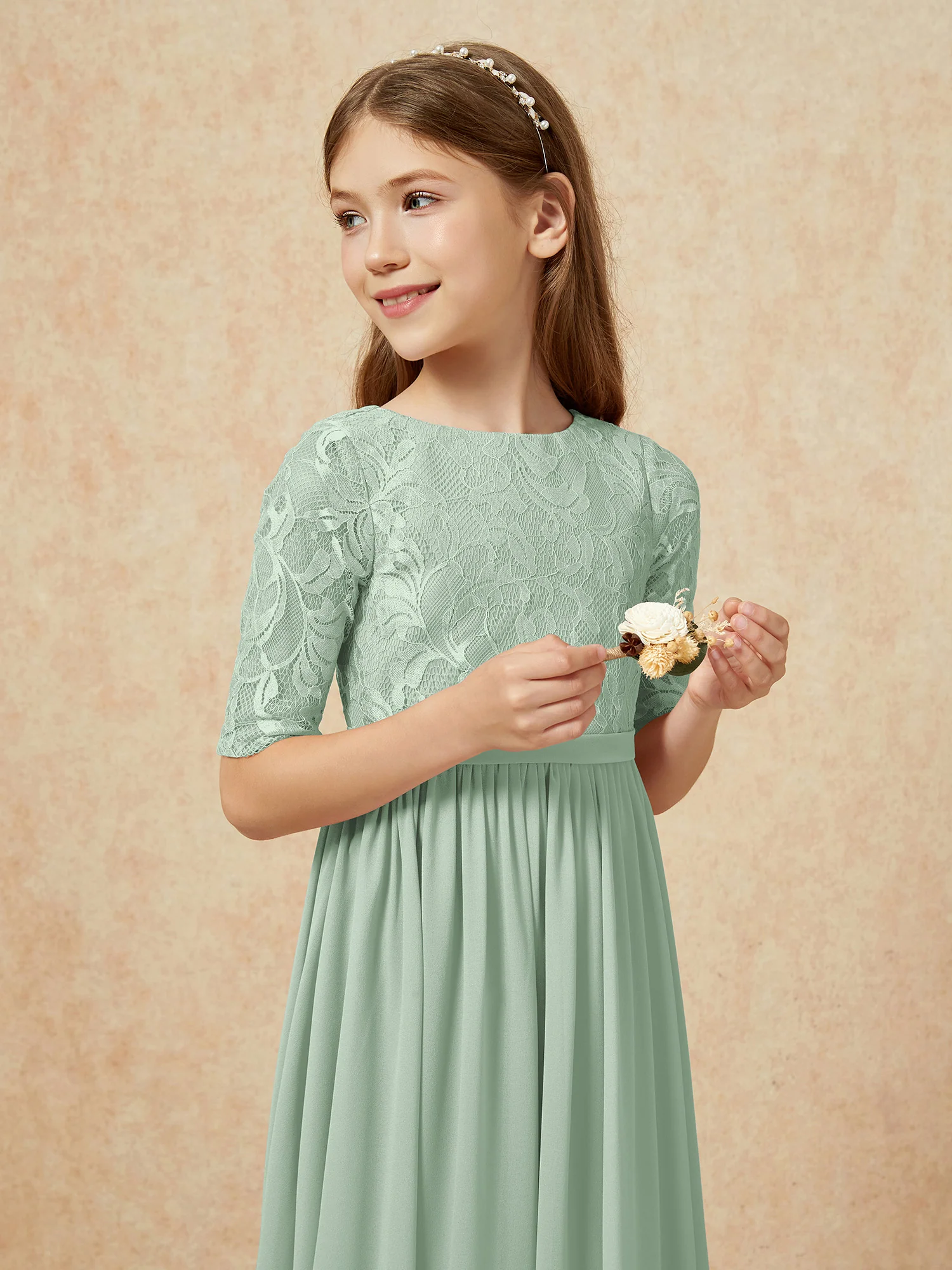 Half Sleeve Lace Top Chiffon Junior Bridesmaid Dresses Agave - Image 6