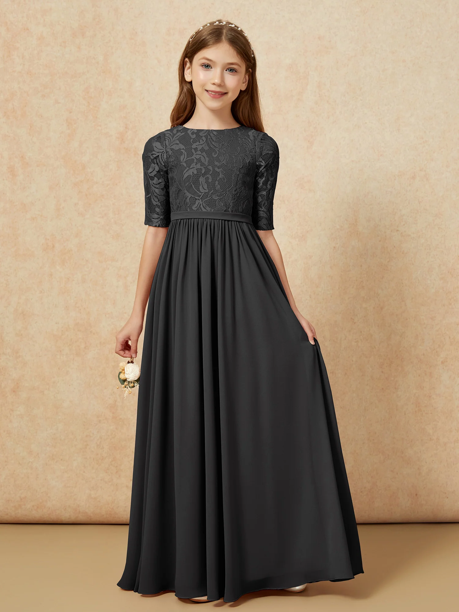 Half Sleeve Lace Top Chiffon Junior Bridesmaid Dresses Black