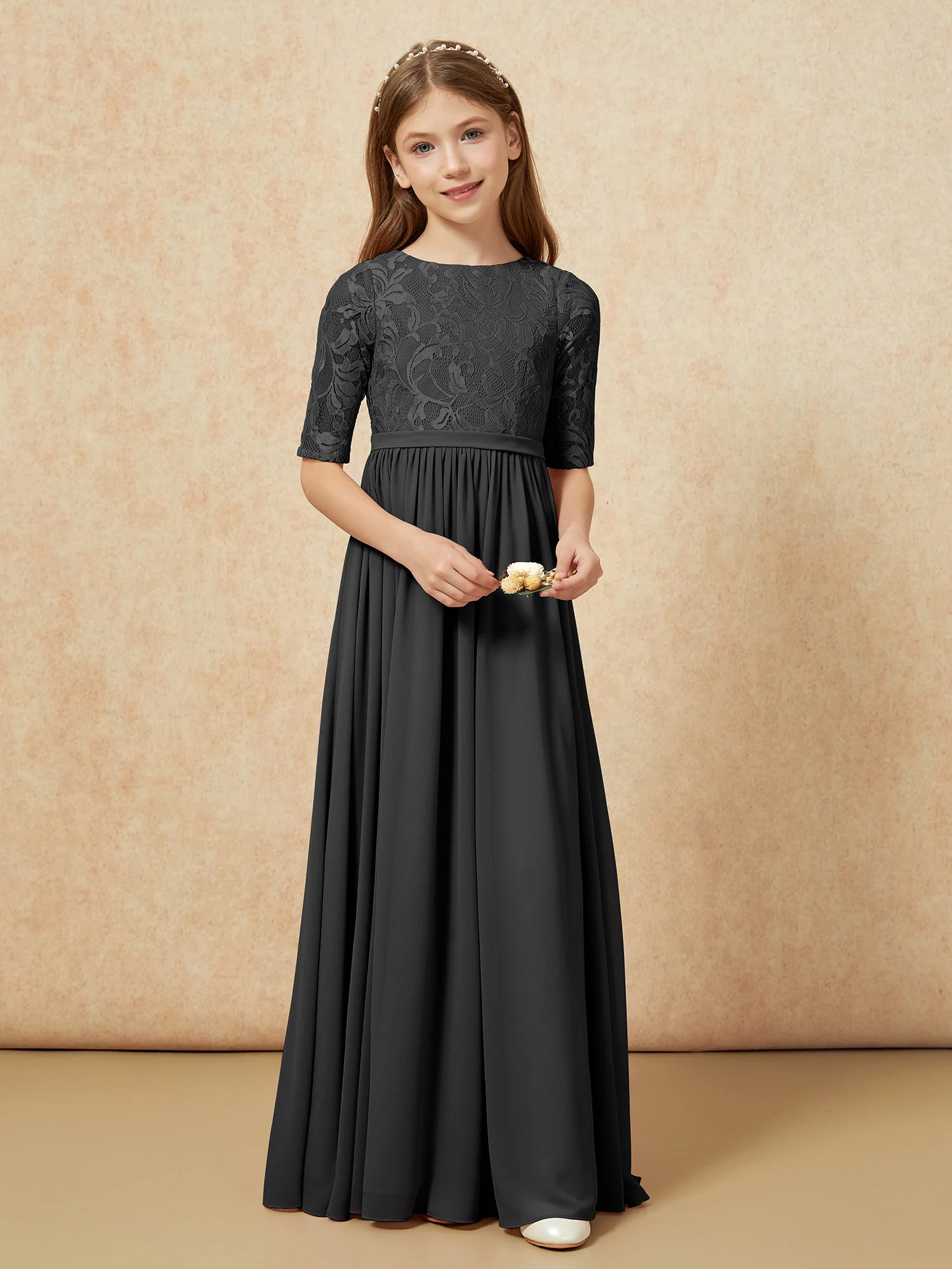 Half Sleeve Lace Top Chiffon Junior Bridesmaid Dresses Black - Image 4
