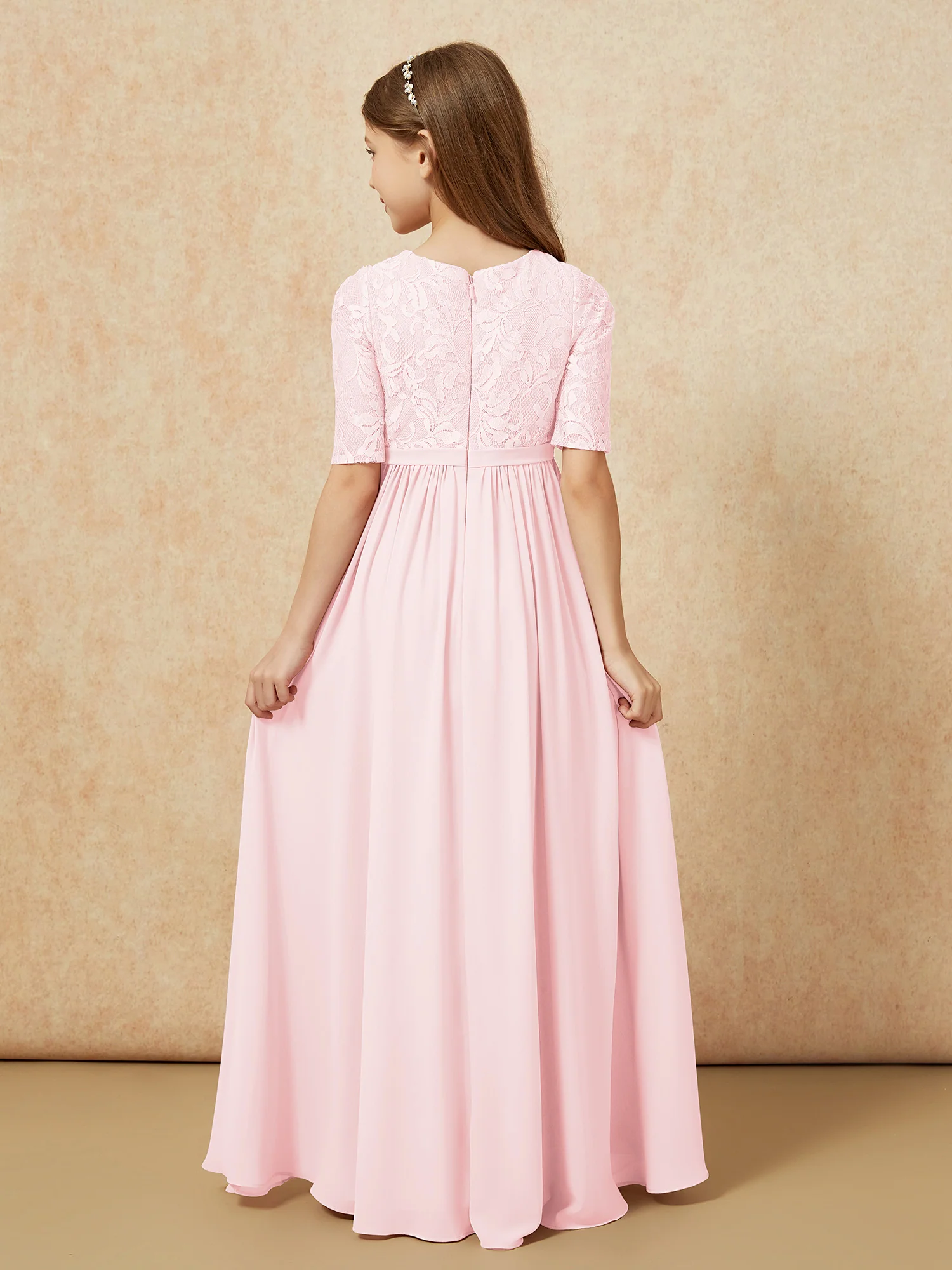 Half Sleeve Lace Top Chiffon Junior Bridesmaid Dresses Blushing Pink - Image 2