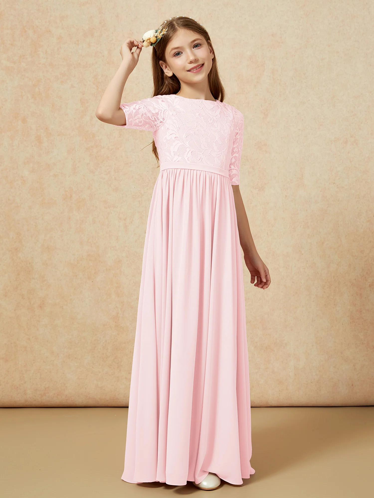Half Sleeve Lace Top Chiffon Junior Bridesmaid Dresses Blushing Pink - Image 3