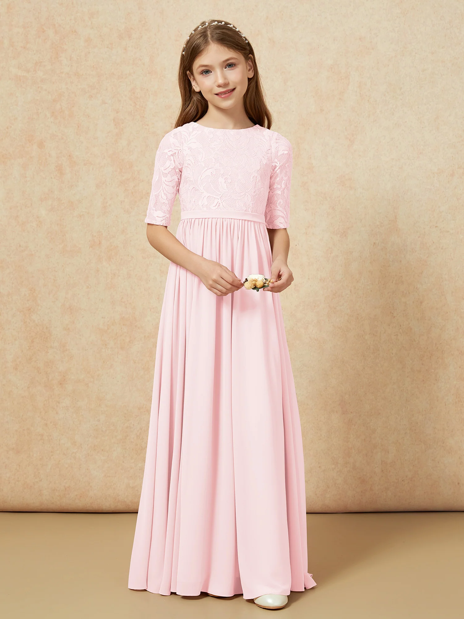 Half Sleeve Lace Top Chiffon Junior Bridesmaid Dresses Blushing Pink - Image 4