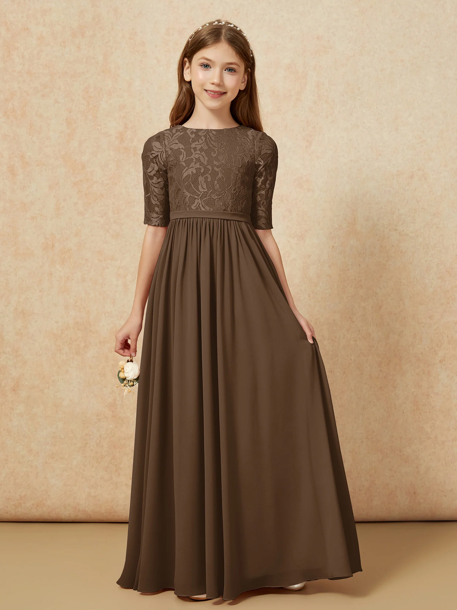 Half Sleeve Lace Top Chiffon Junior Bridesmaid Dresses Brown