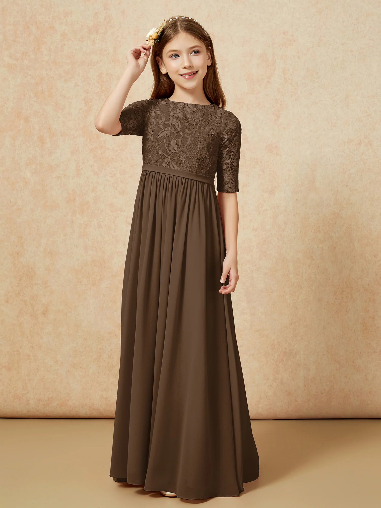 Half Sleeve Lace Top Chiffon Junior Bridesmaid Dresses Brown - Image 5