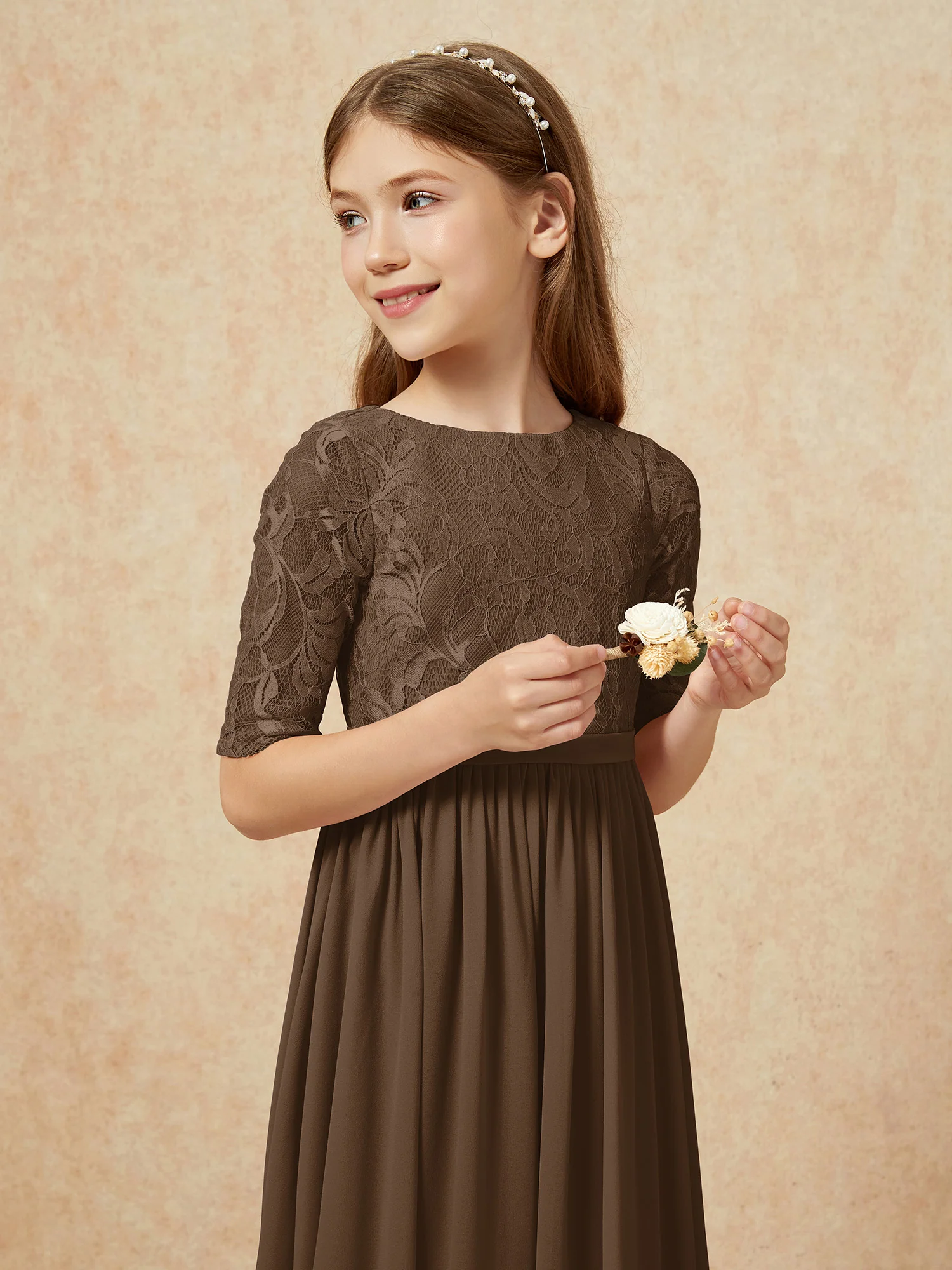 Half Sleeve Lace Top Chiffon Junior Bridesmaid Dresses Brown - Image 6