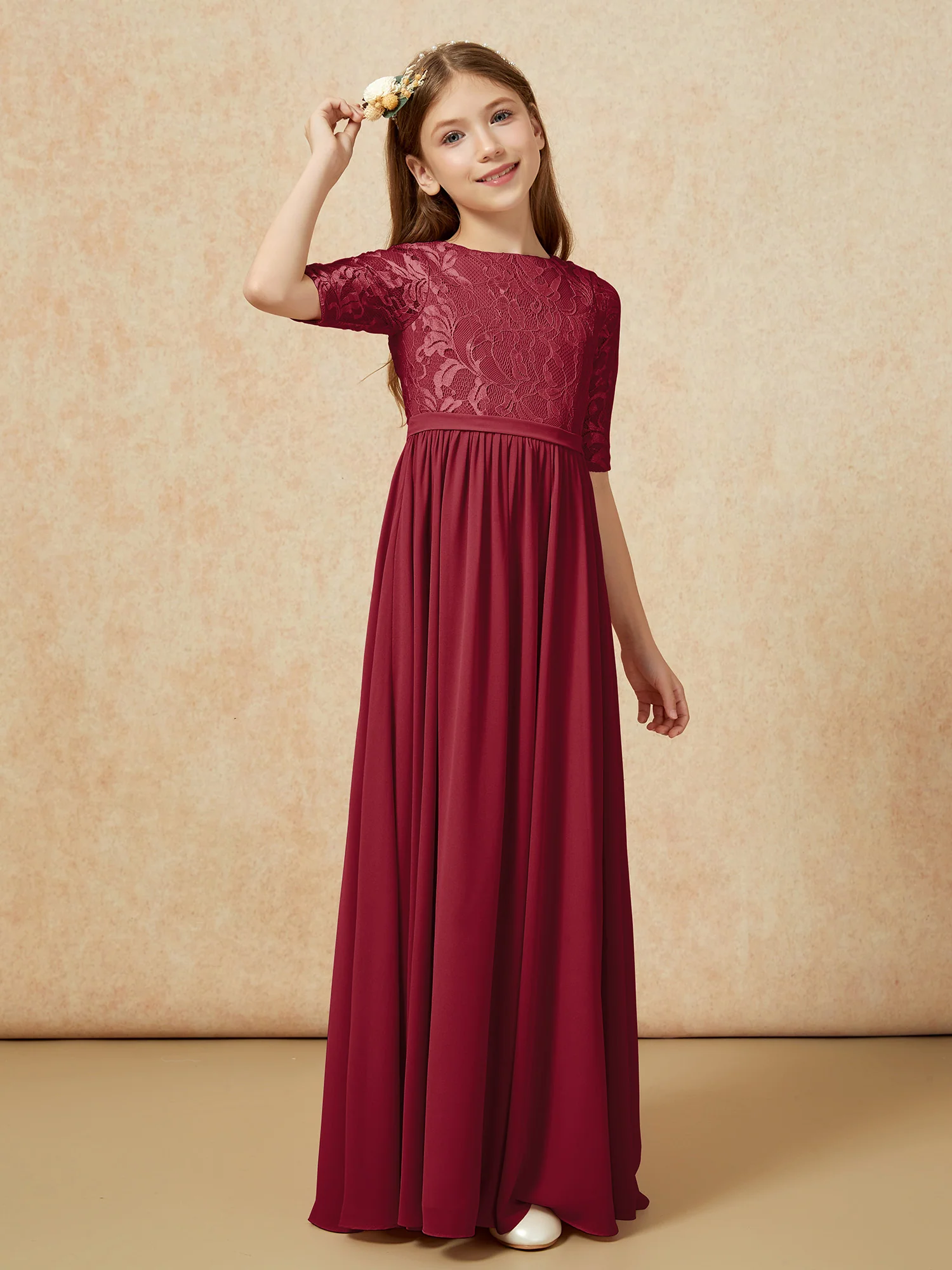 Half Sleeve Lace Top Chiffon Junior Bridesmaid Dresses Burgundy - Image 3