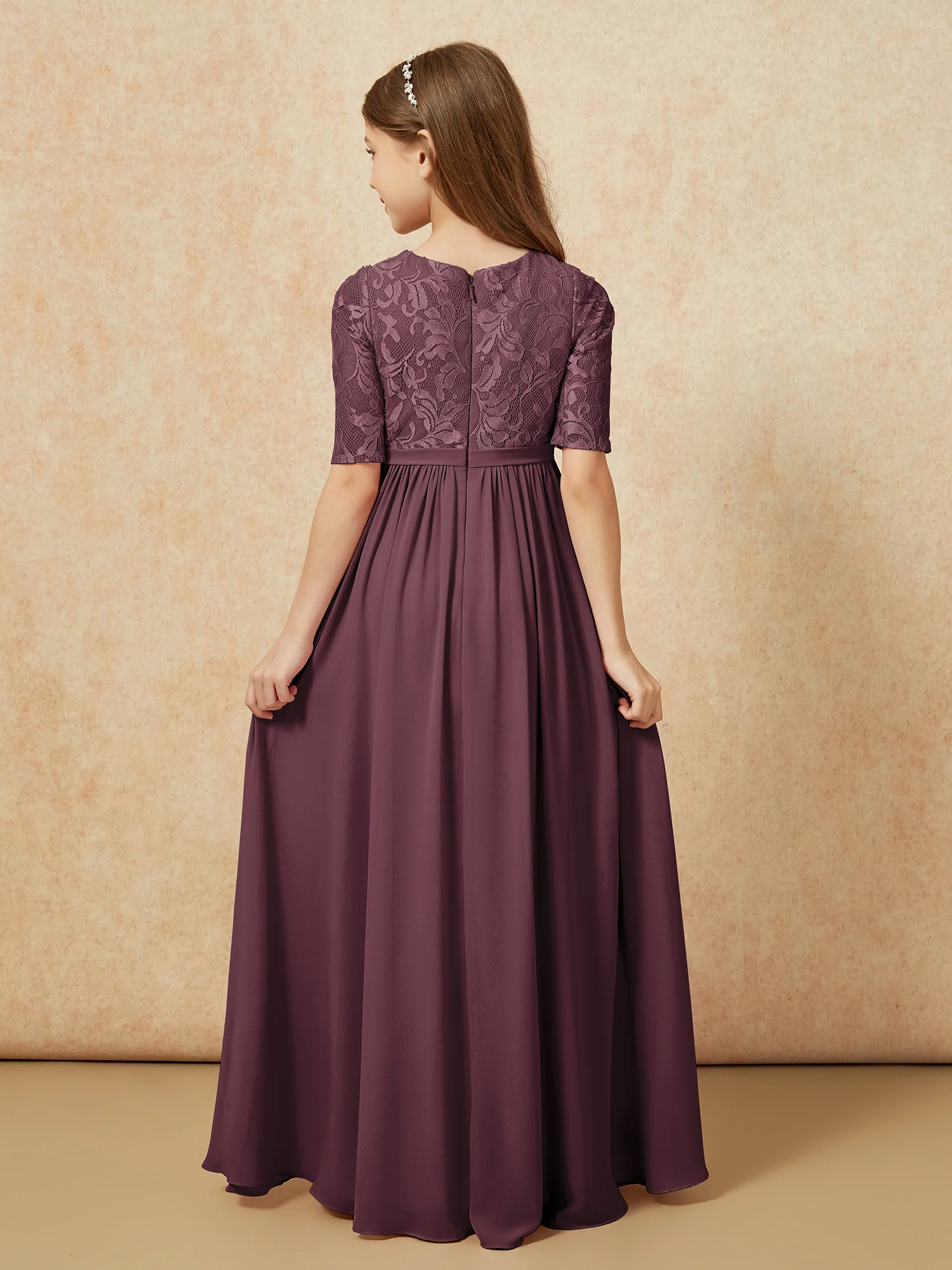 Half Sleeve Lace Top Chiffon Junior Bridesmaid Dresses Cabernet - Image 2