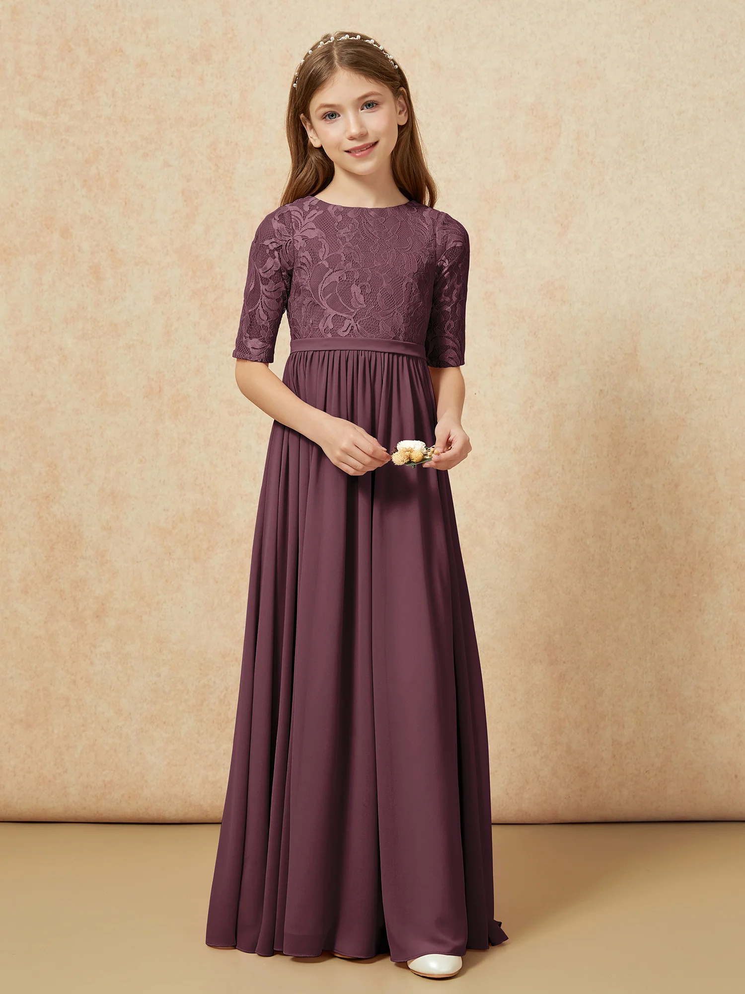 Half Sleeve Lace Top Chiffon Junior Bridesmaid Dresses Cabernet - Image 4