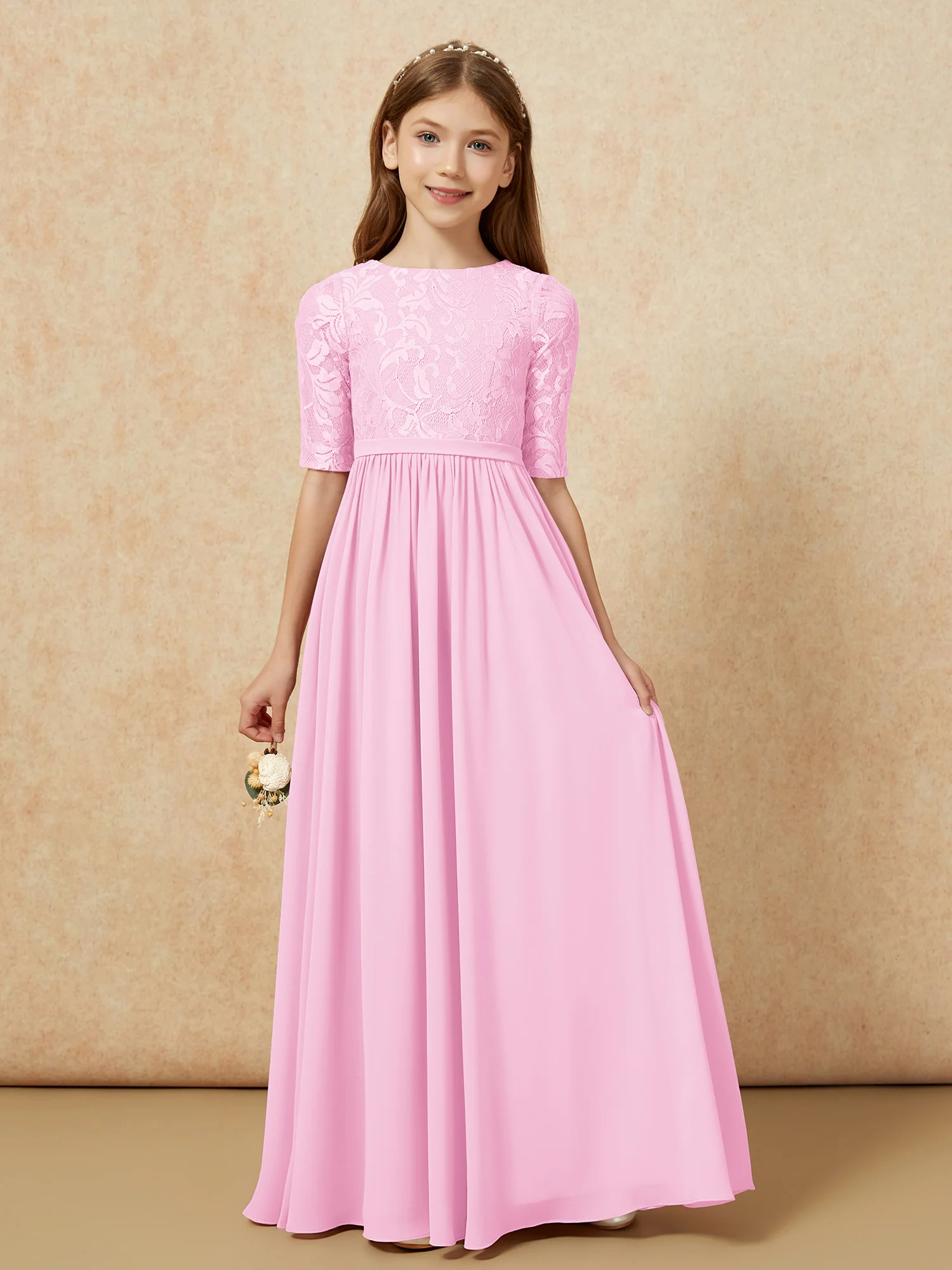 Half Sleeve Lace Top Chiffon Junior Bridesmaid Dresses Candy Pink