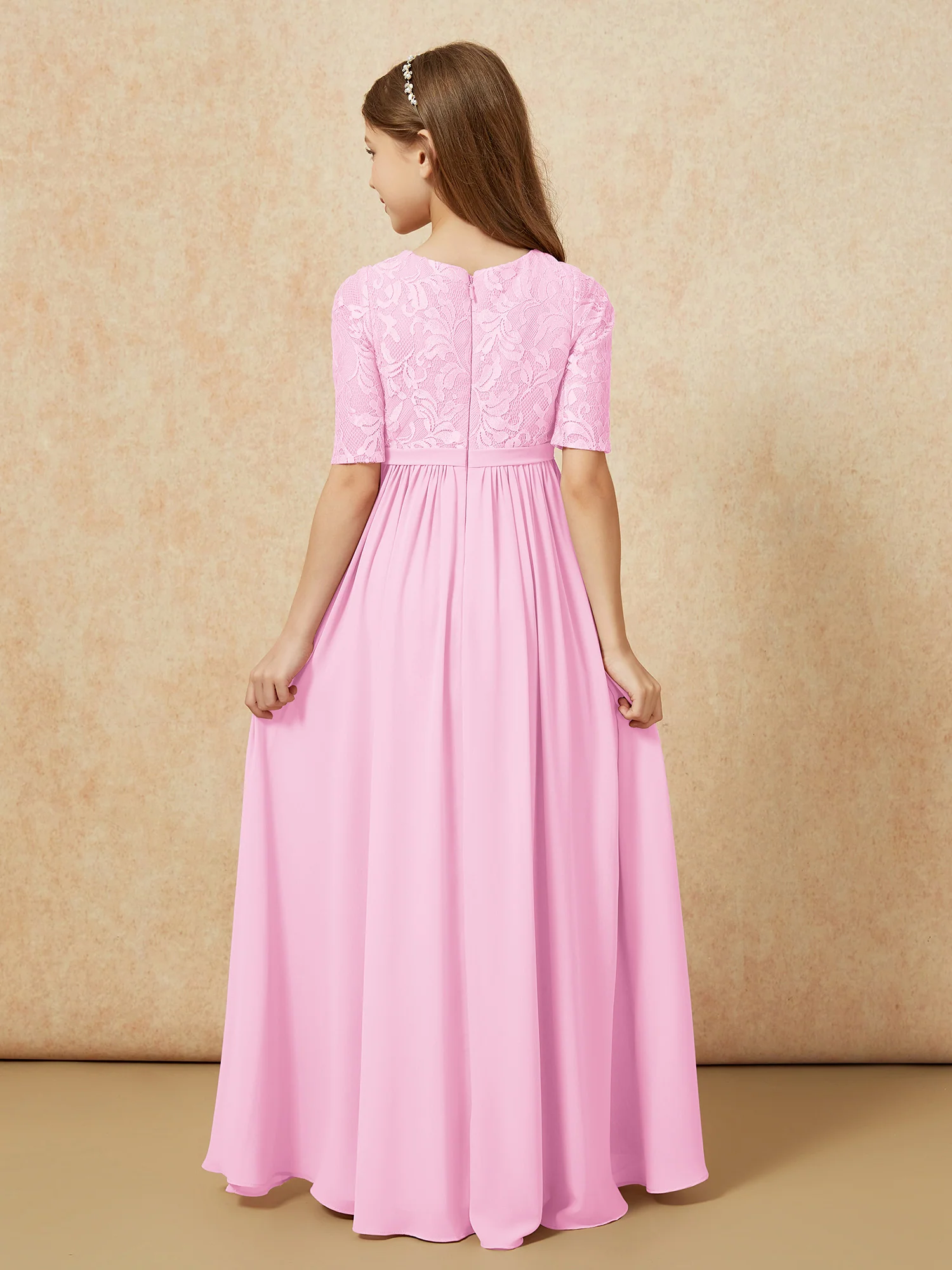 Half Sleeve Lace Top Chiffon Junior Bridesmaid Dresses Candy Pink - Image 2