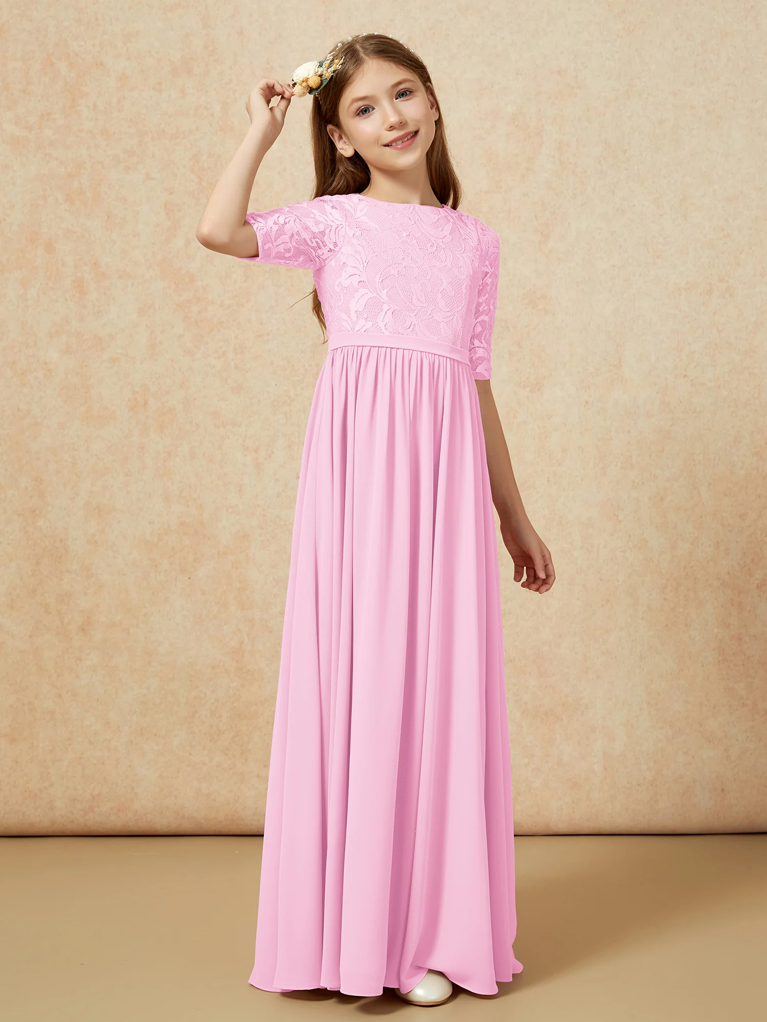 Half Sleeve Lace Top Chiffon Junior Bridesmaid Dresses Candy Pink - Image 3