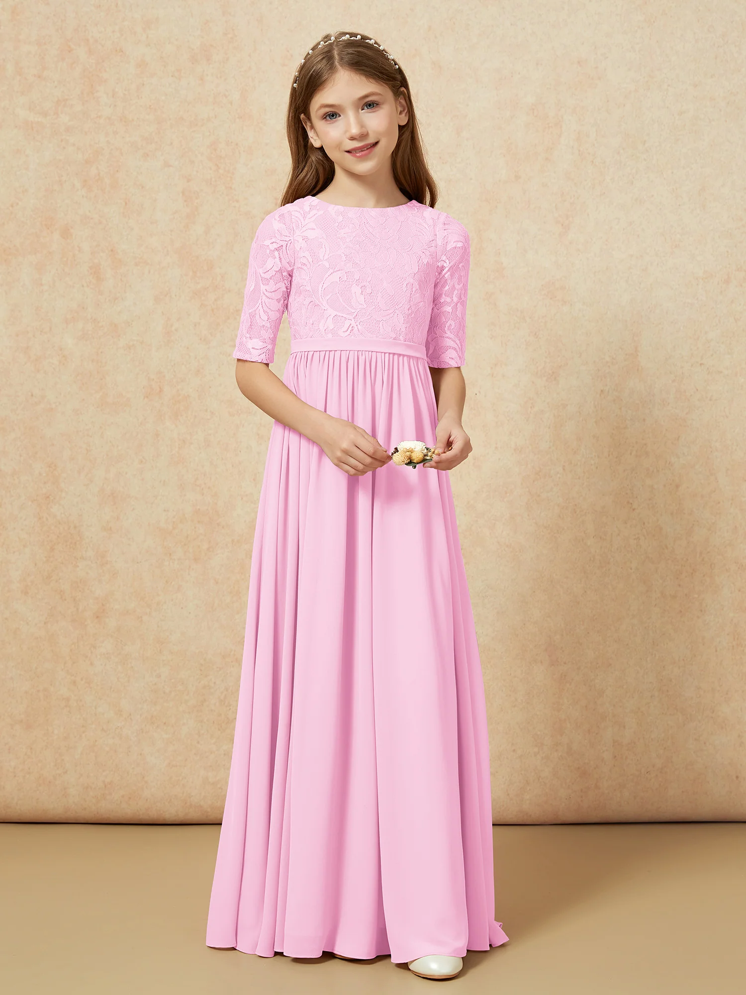 Half Sleeve Lace Top Chiffon Junior Bridesmaid Dresses Candy Pink - Image 4