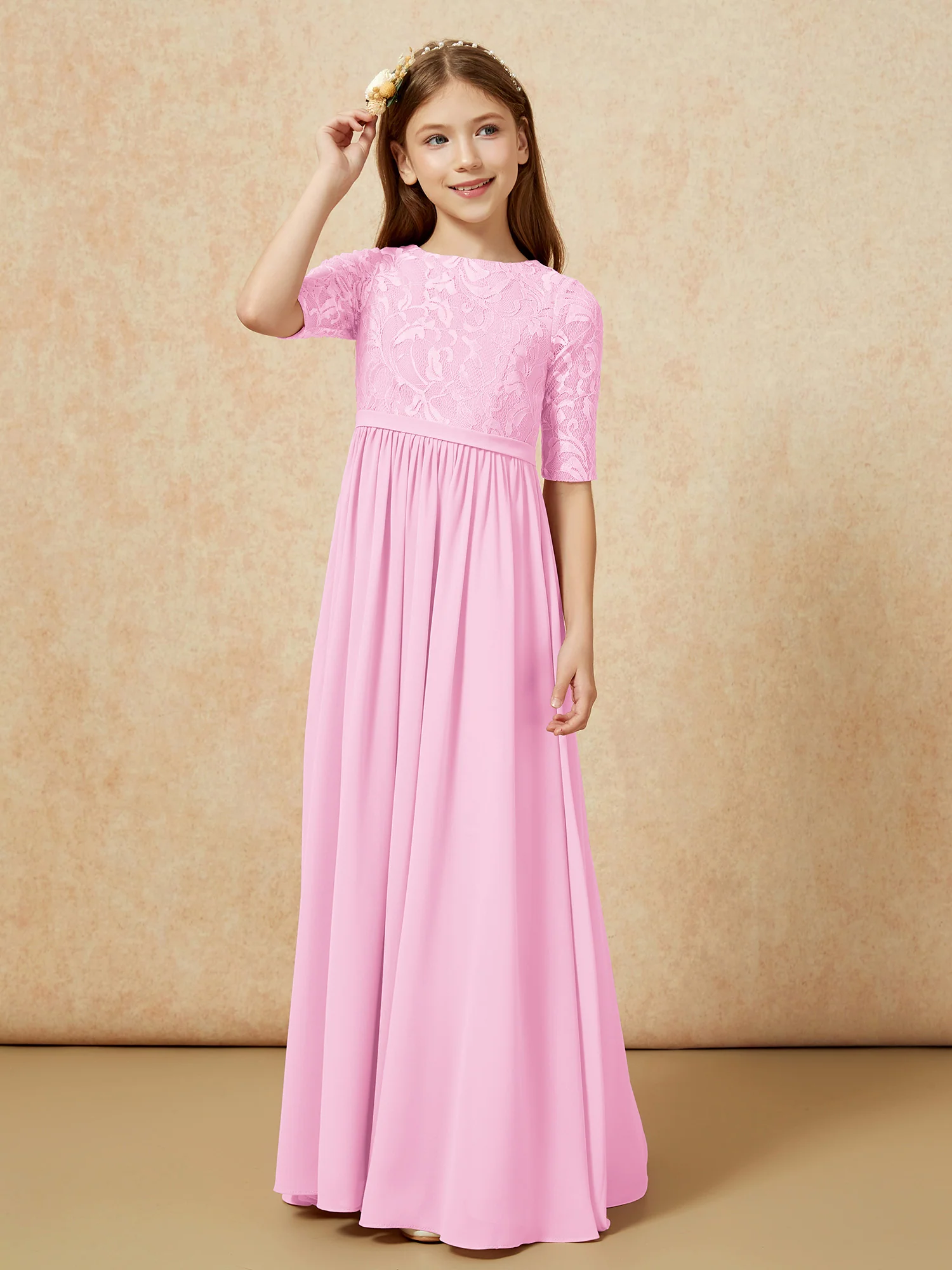 Half Sleeve Lace Top Chiffon Junior Bridesmaid Dresses Candy Pink - Image 5