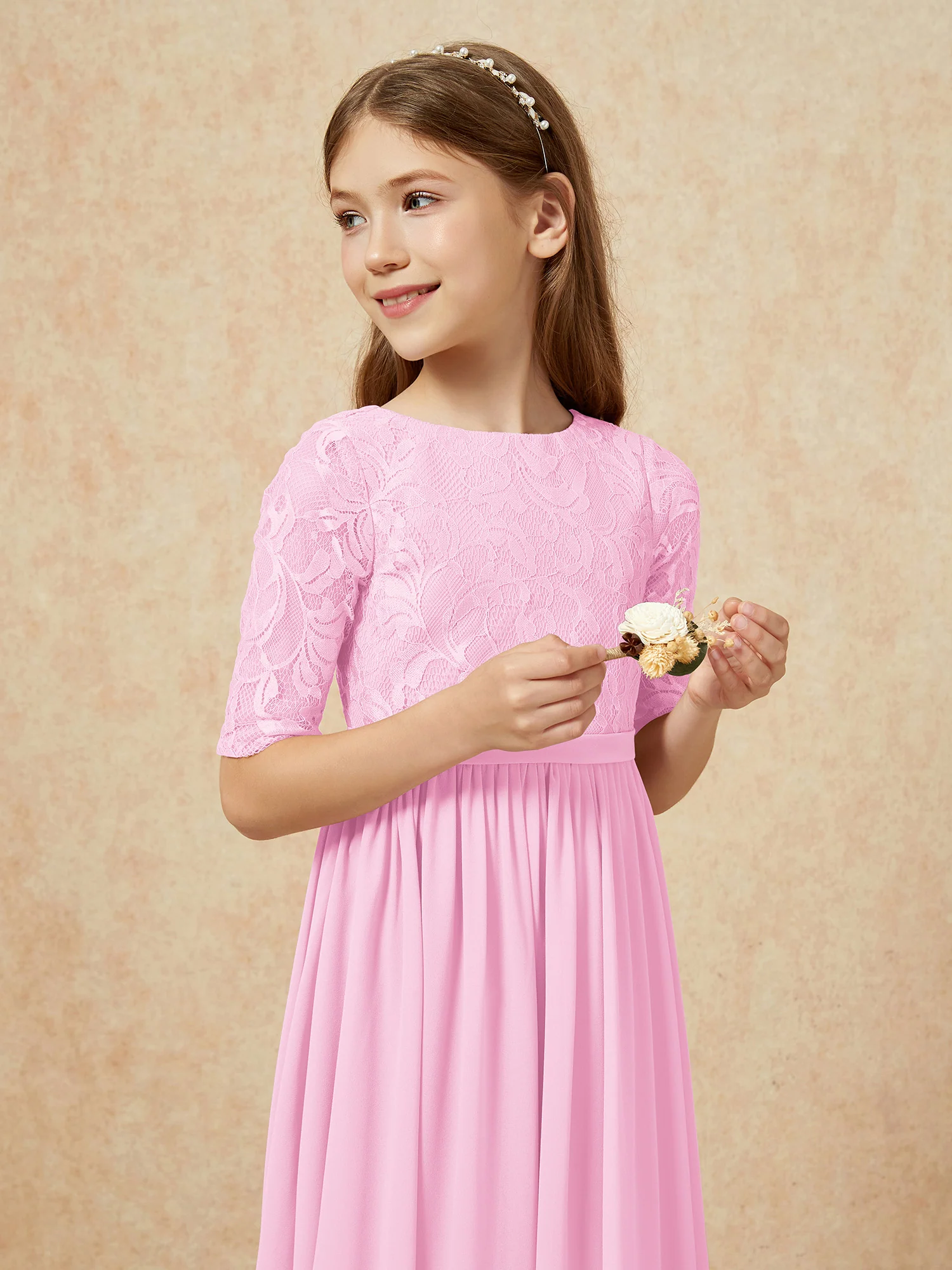 Half Sleeve Lace Top Chiffon Junior Bridesmaid Dresses Candy Pink - Image 6