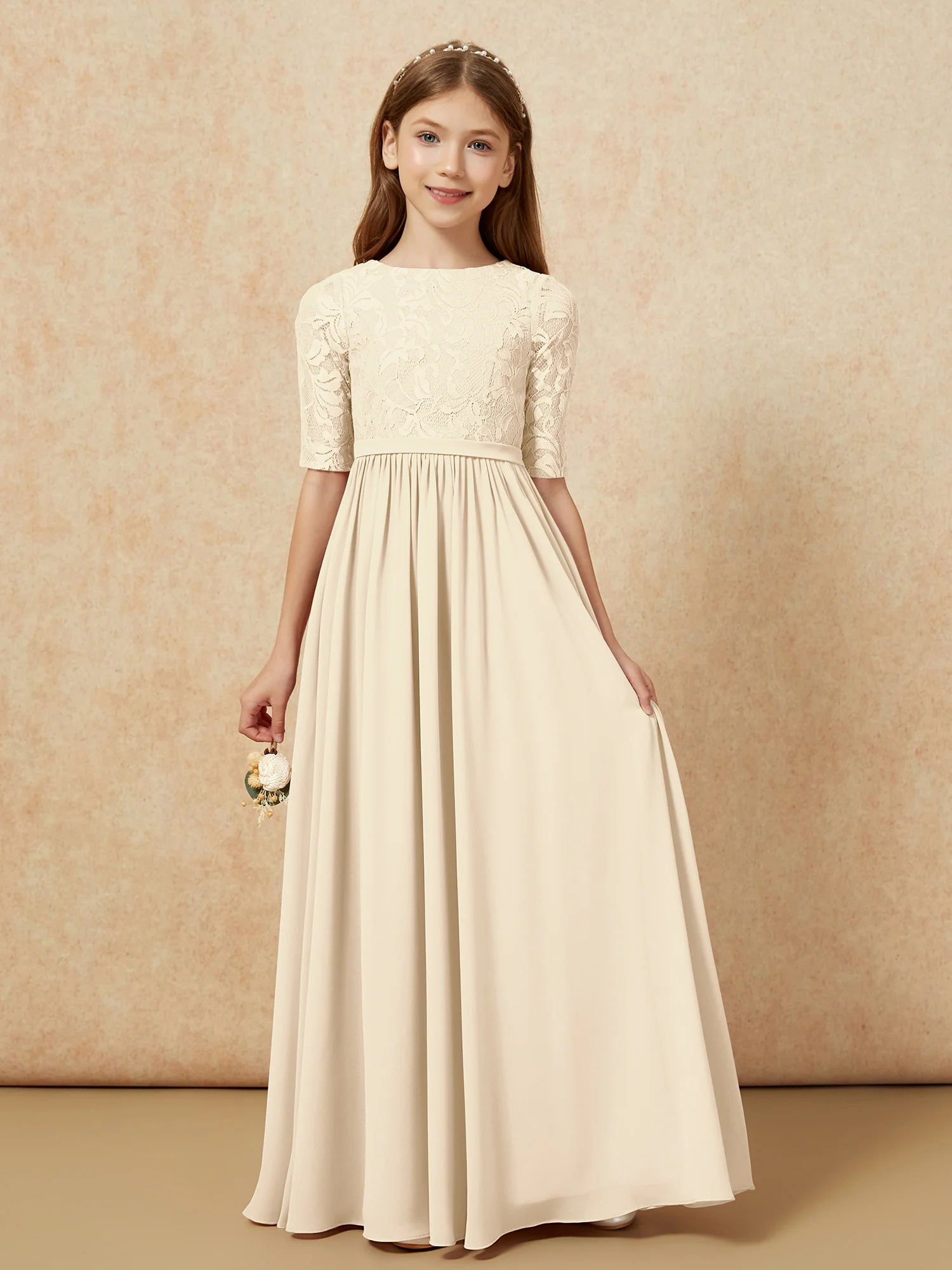Half Sleeve Lace Top Chiffon Junior Bridesmaid Dresses Champagne