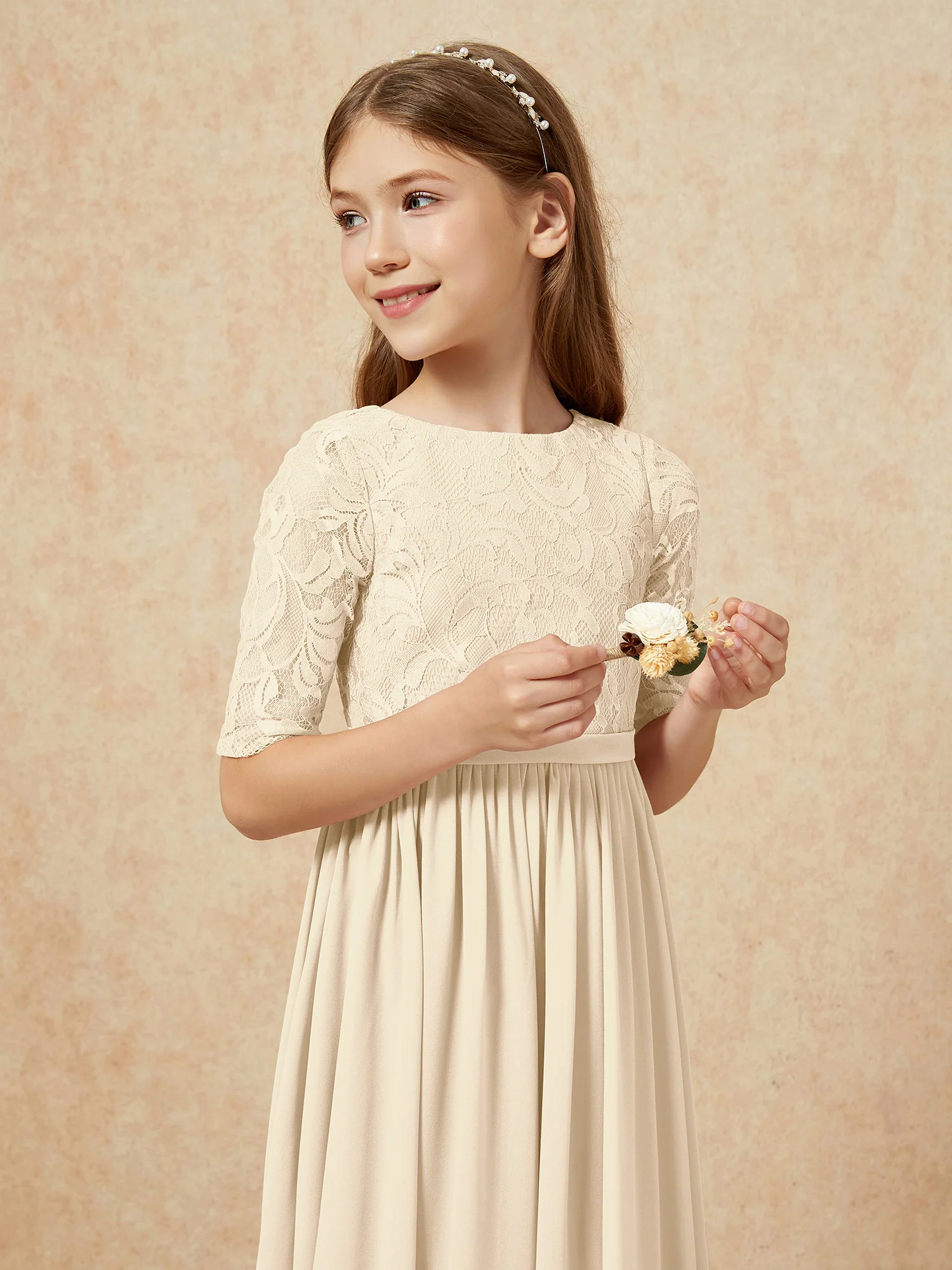 Half Sleeve Lace Top Chiffon Junior Bridesmaid Dresses Champagne - Image 6