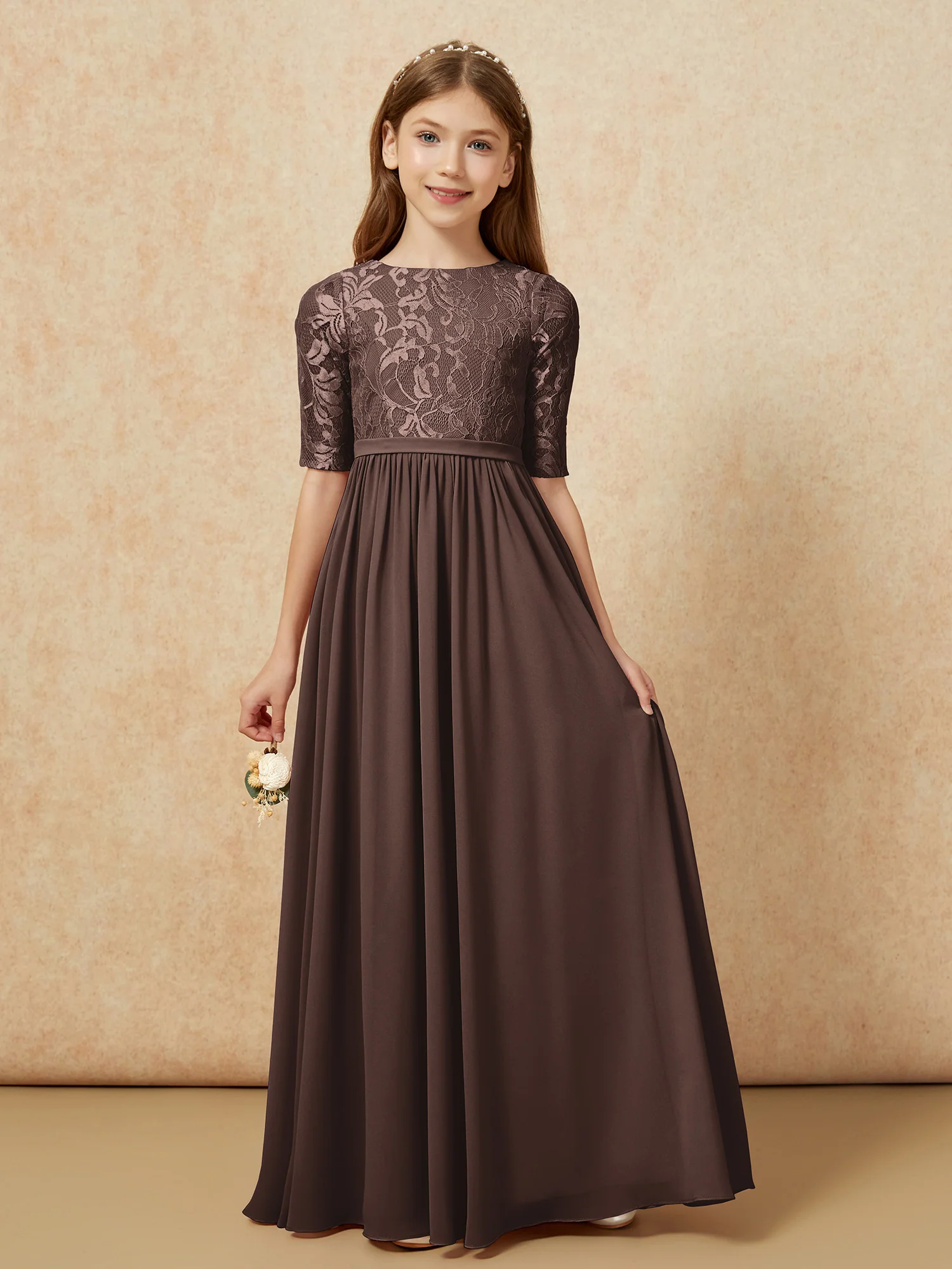 Half Sleeve Lace Top Chiffon Junior Bridesmaid Dresses Chocolate