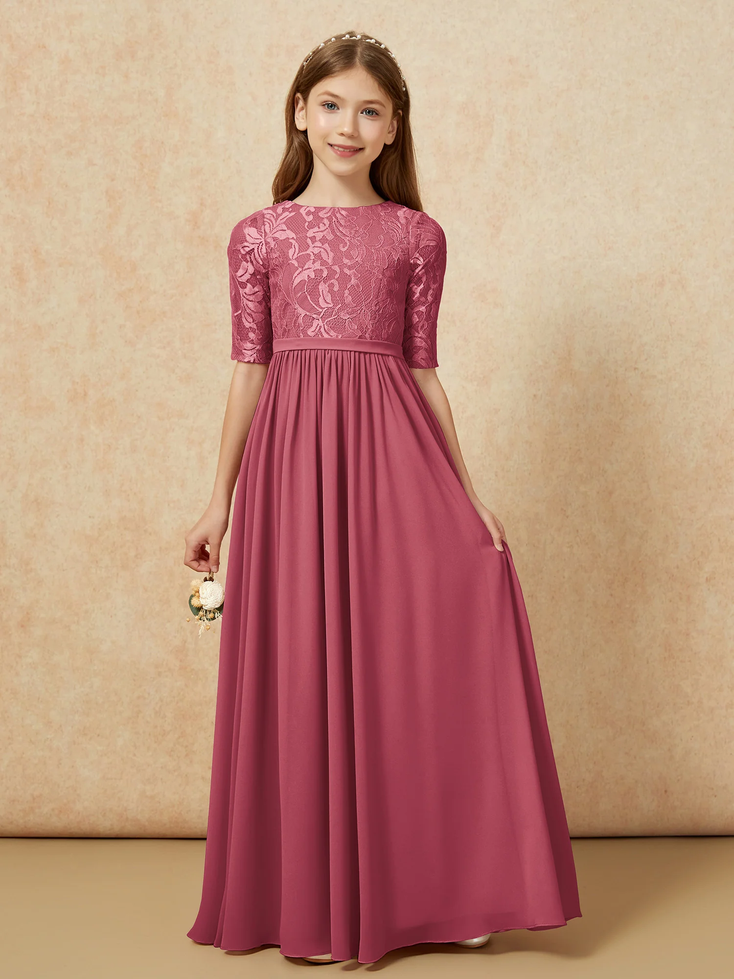 Half Sleeve Lace Top Chiffon Junior Bridesmaid Dresses Cinnamon Rose