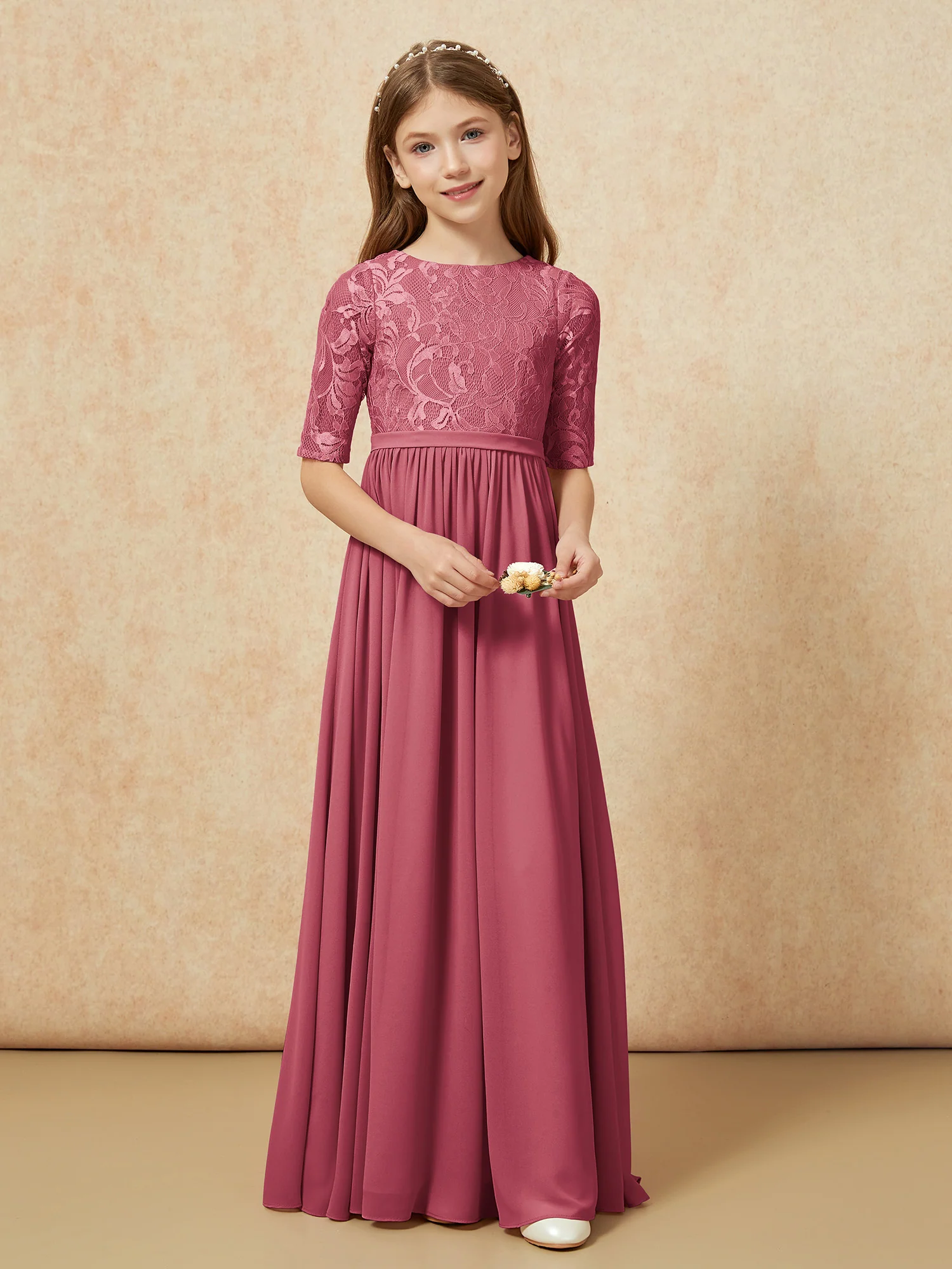 Half Sleeve Lace Top Chiffon Junior Bridesmaid Dresses Cinnamon Rose - Image 4