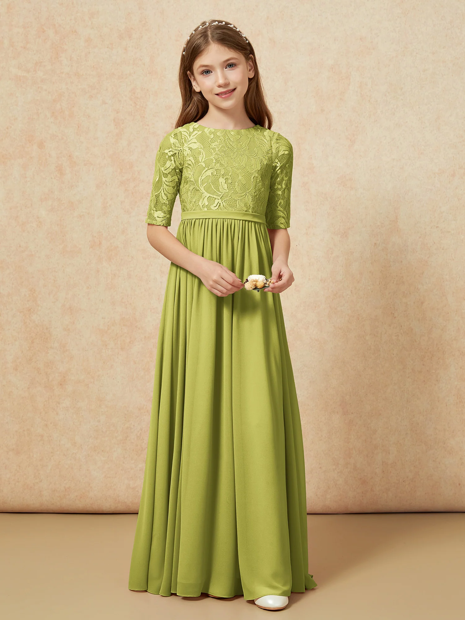 Half Sleeve Lace Top Chiffon Junior Bridesmaid Dresses Clover - Image 4
