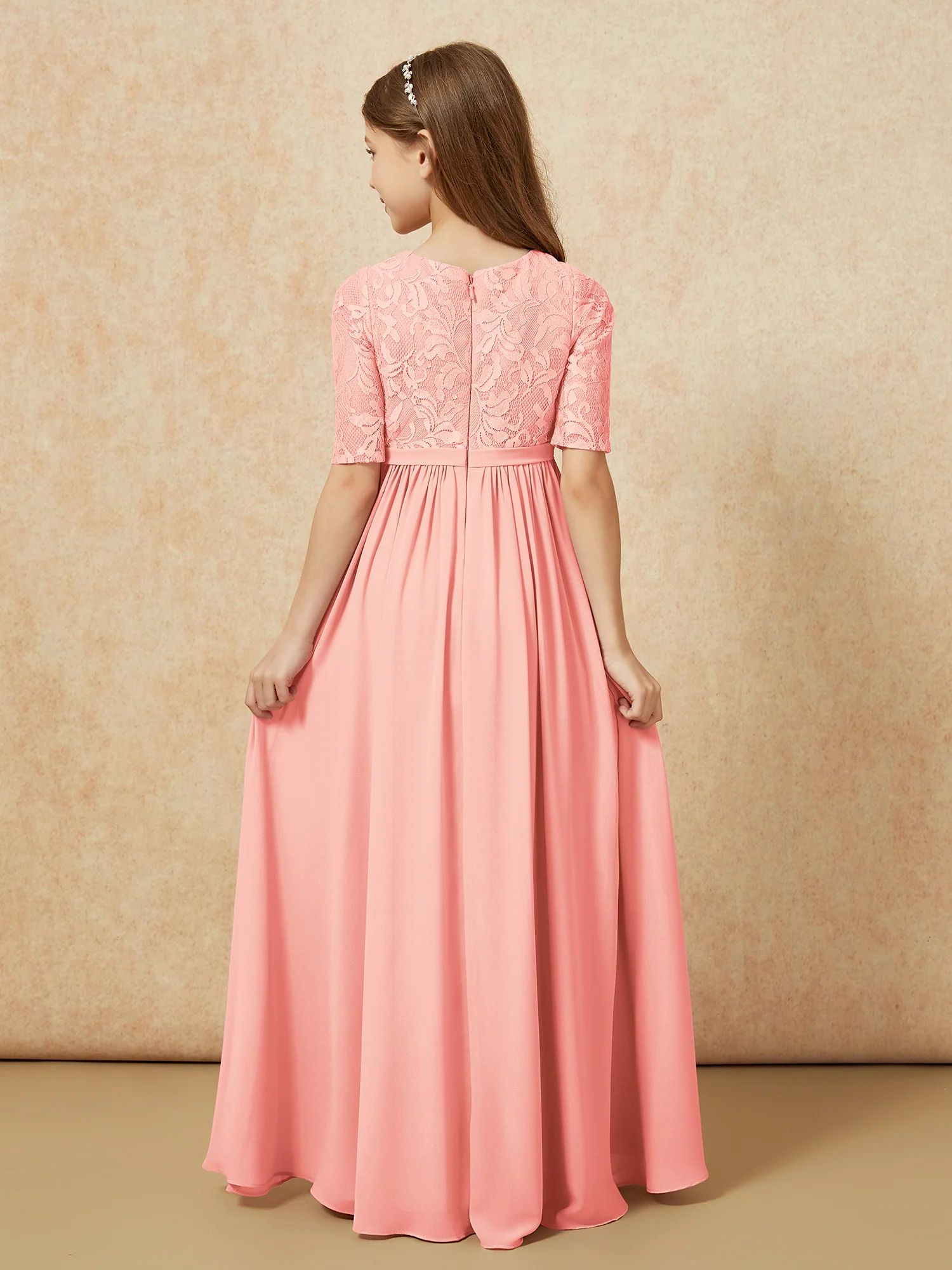 Half Sleeve Lace Top Chiffon Junior Bridesmaid Dresses Coral - Image 2