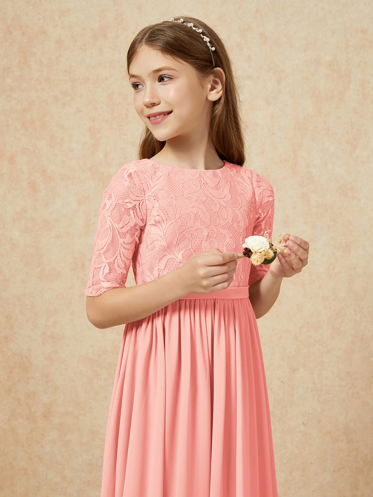 Half Sleeve Lace Top Chiffon Junior Bridesmaid Dresses Coral - Image 6