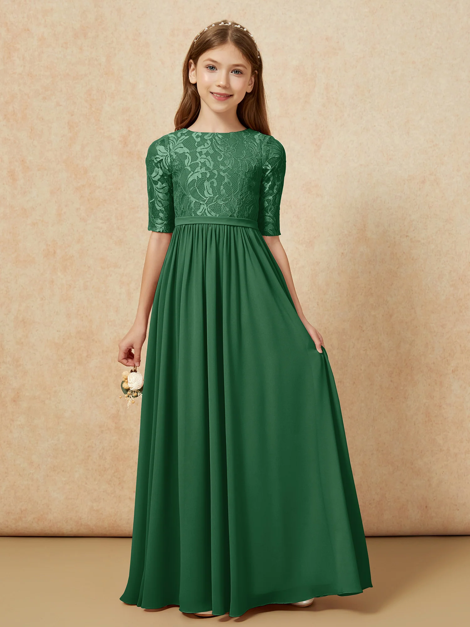Half Sleeve Lace Top Chiffon Junior Bridesmaid Dresses Dark Green