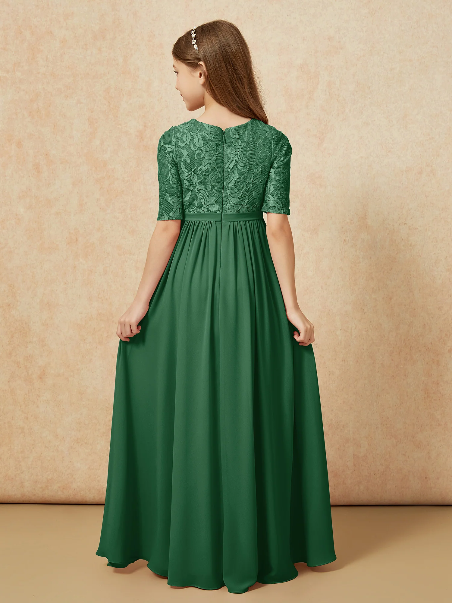 Half Sleeve Lace Top Chiffon Junior Bridesmaid Dresses Dark Green - Image 2