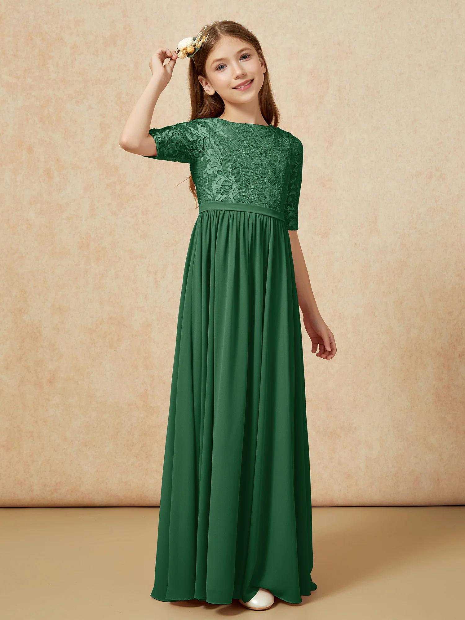 Half Sleeve Lace Top Chiffon Junior Bridesmaid Dresses Dark Green - Image 3