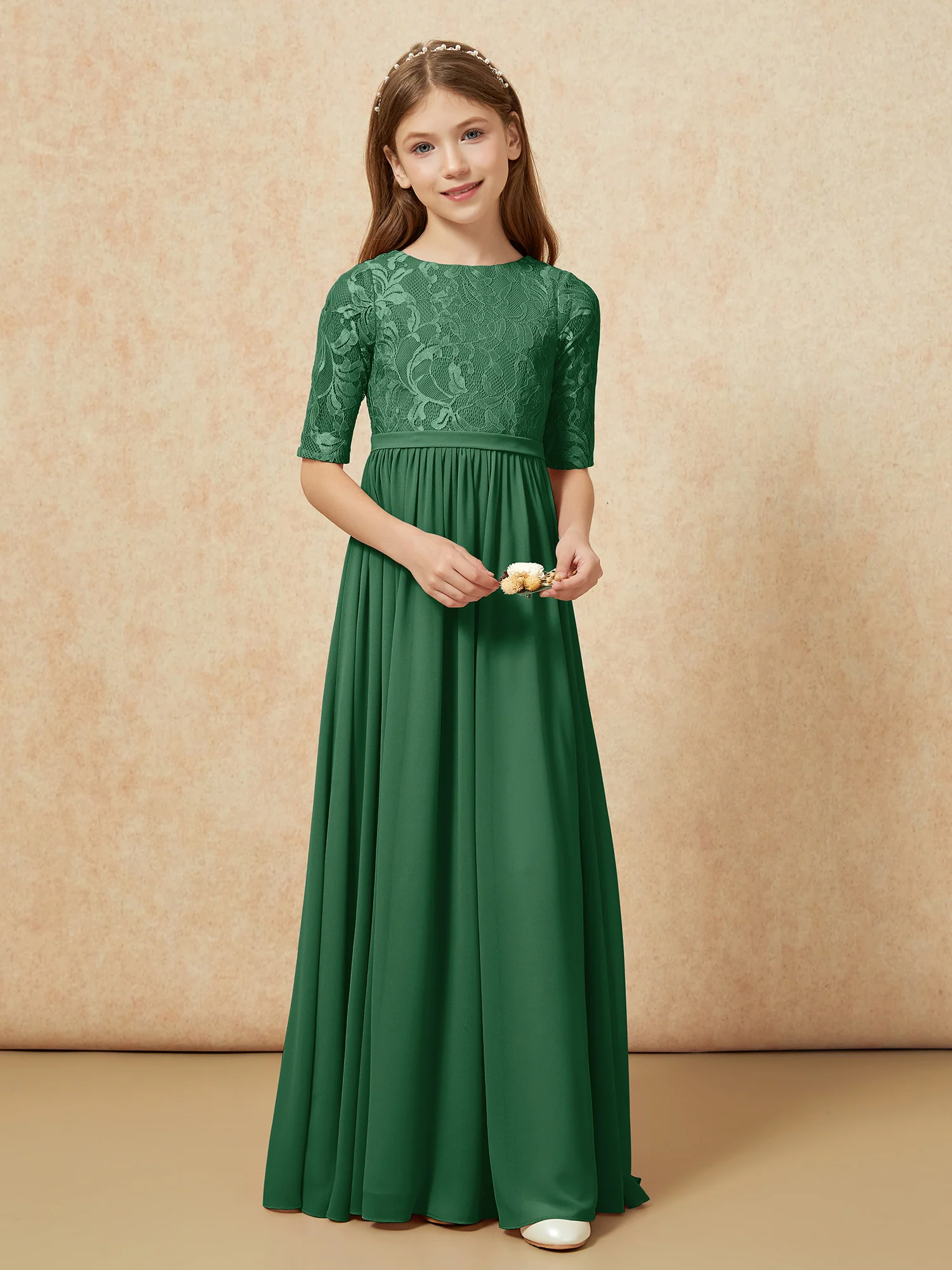 Half Sleeve Lace Top Chiffon Junior Bridesmaid Dresses Dark Green - Image 4