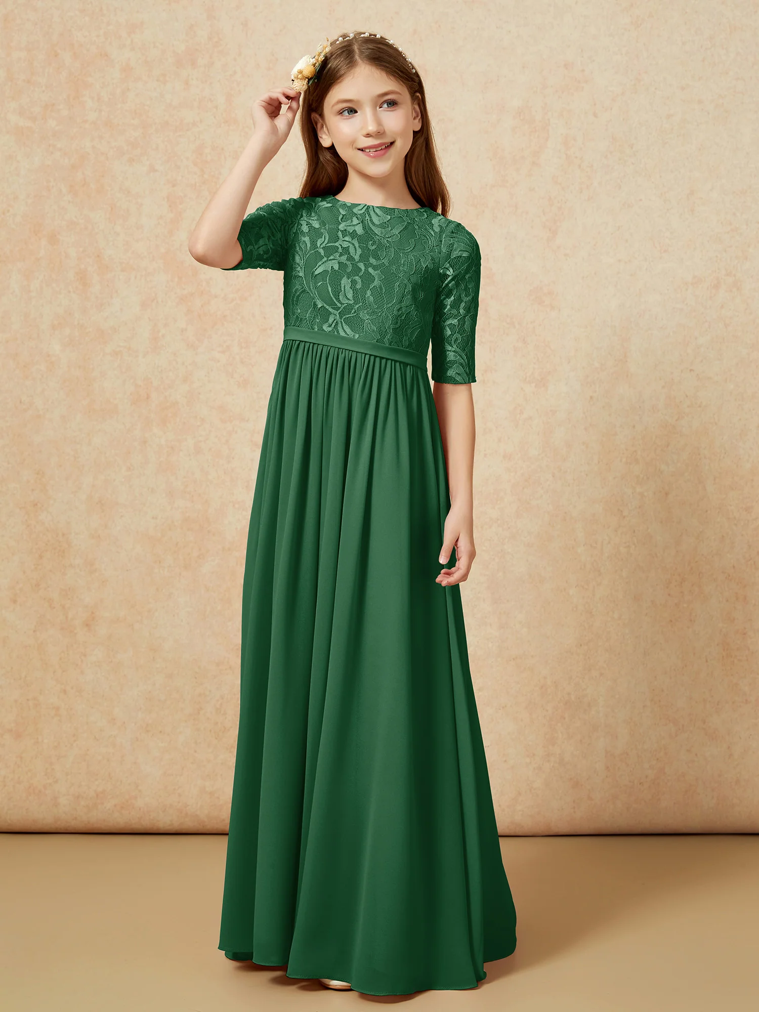 Half Sleeve Lace Top Chiffon Junior Bridesmaid Dresses Dark Green - Image 5