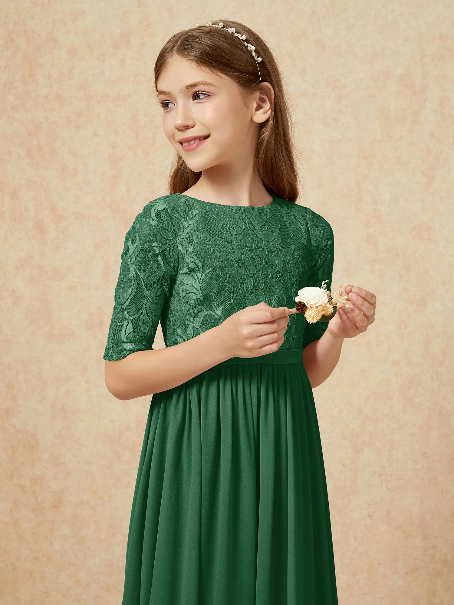 Half Sleeve Lace Top Chiffon Junior Bridesmaid Dresses Dark Green - Image 6