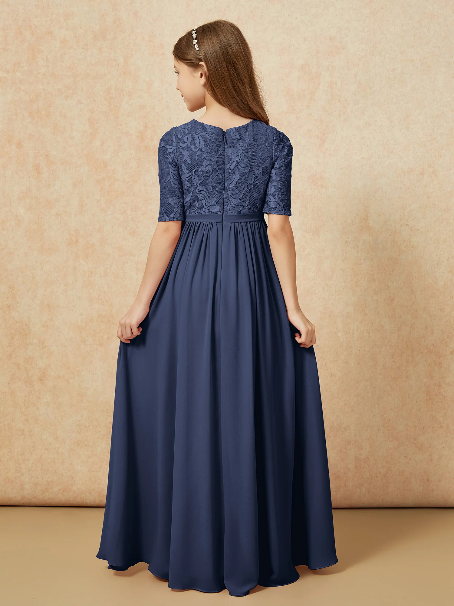 Half Sleeve Lace Top Chiffon Junior Bridesmaid Dresses Dark Navy - Image 2
