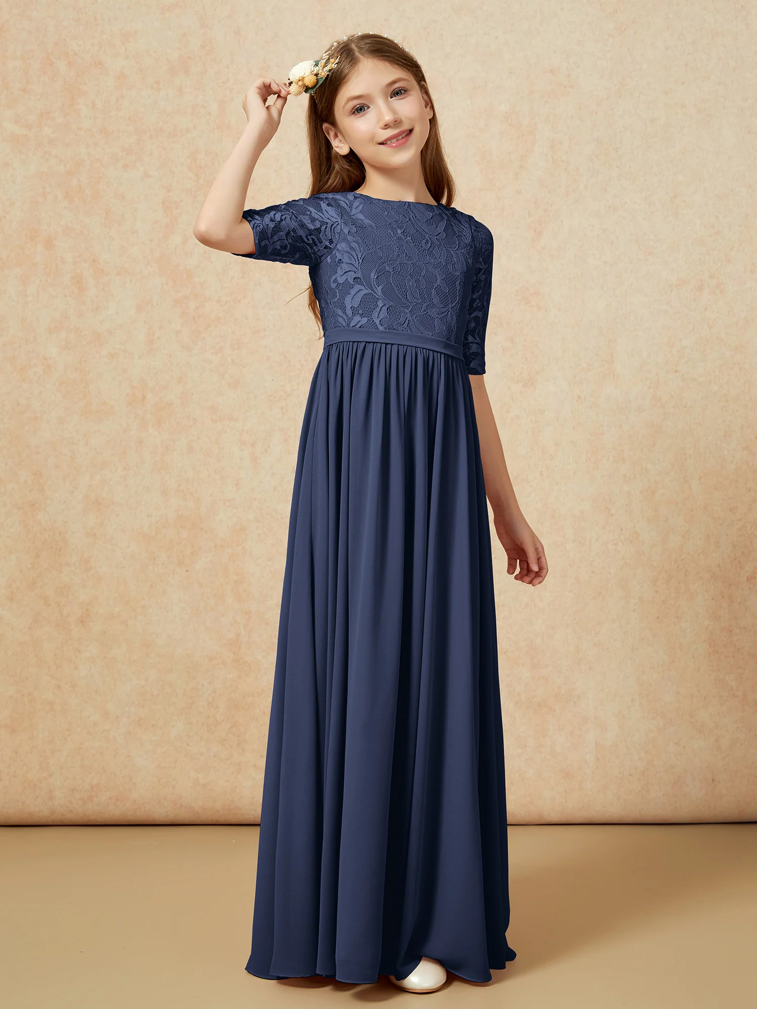 Half Sleeve Lace Top Chiffon Junior Bridesmaid Dresses Dark Navy - Image 3