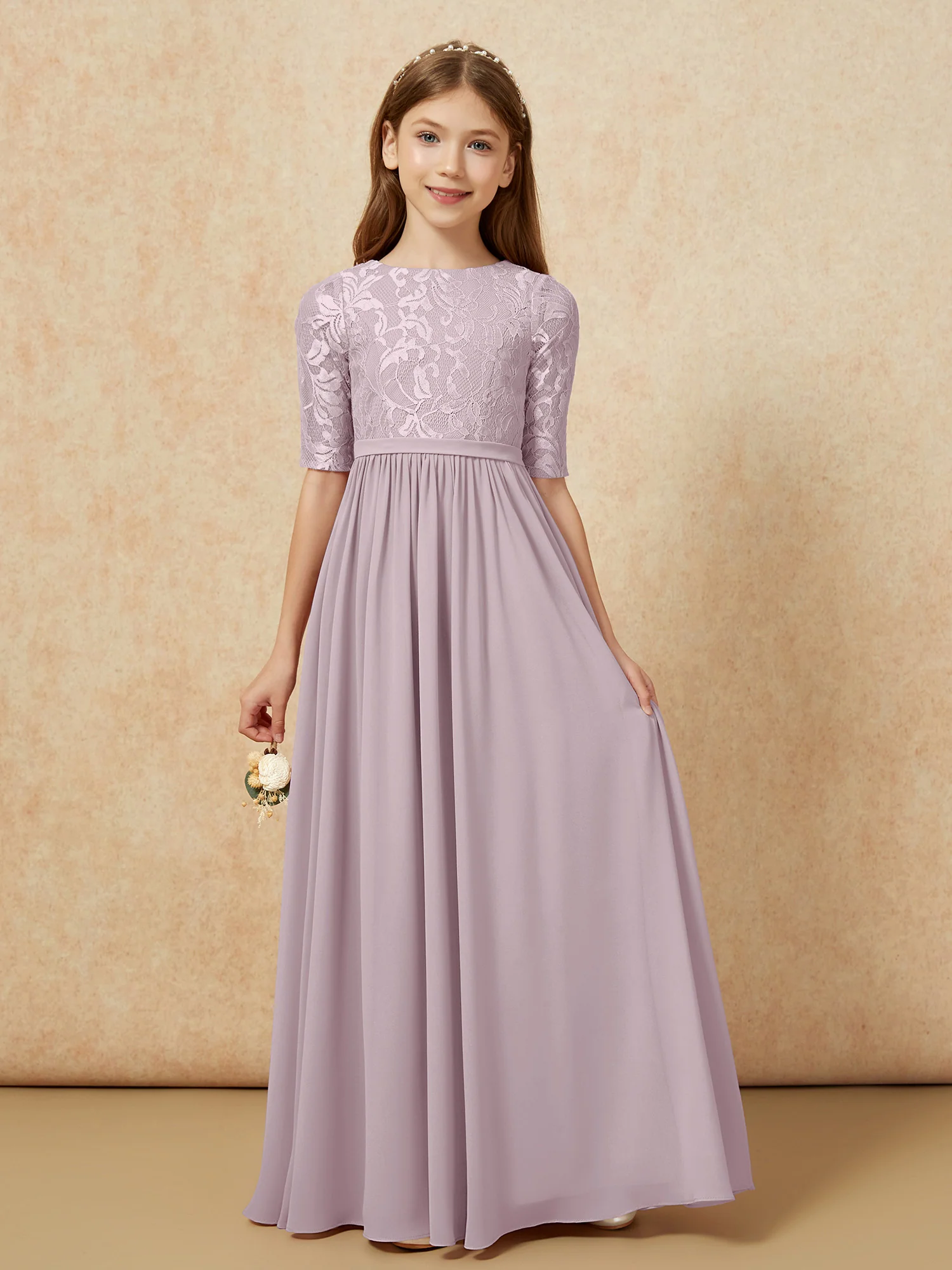 Half Sleeve Lace Top Chiffon Junior Bridesmaid Dresses Dusk