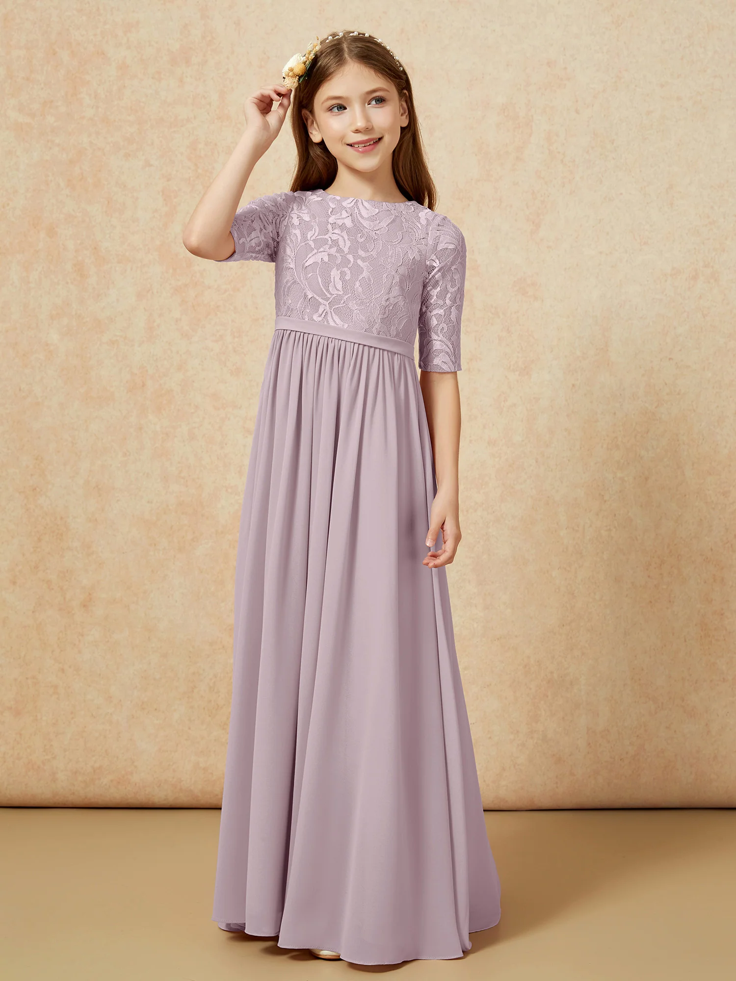 Half Sleeve Lace Top Chiffon Junior Bridesmaid Dresses Dusk - Image 5