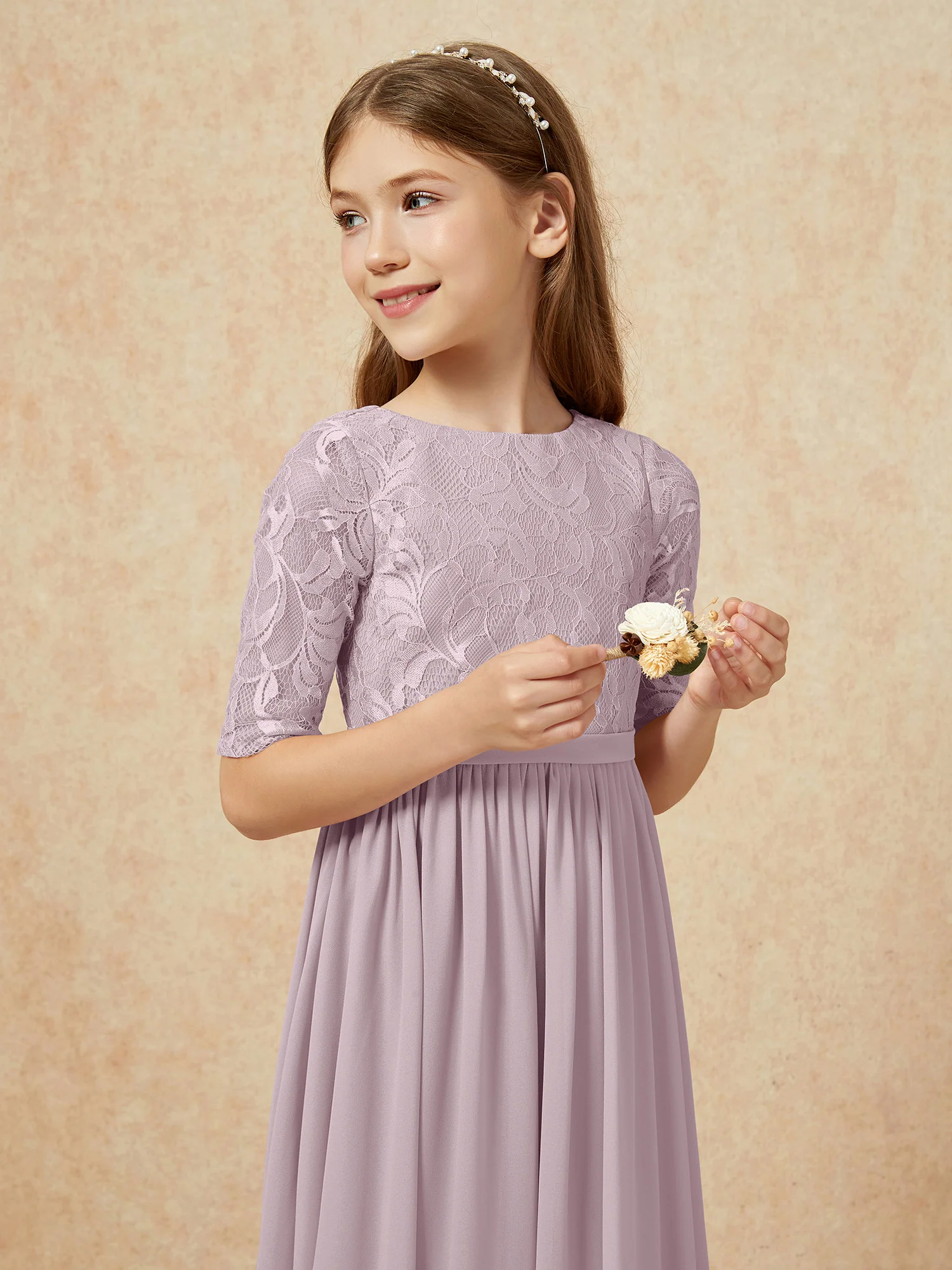 Half Sleeve Lace Top Chiffon Junior Bridesmaid Dresses Dusk - Image 6