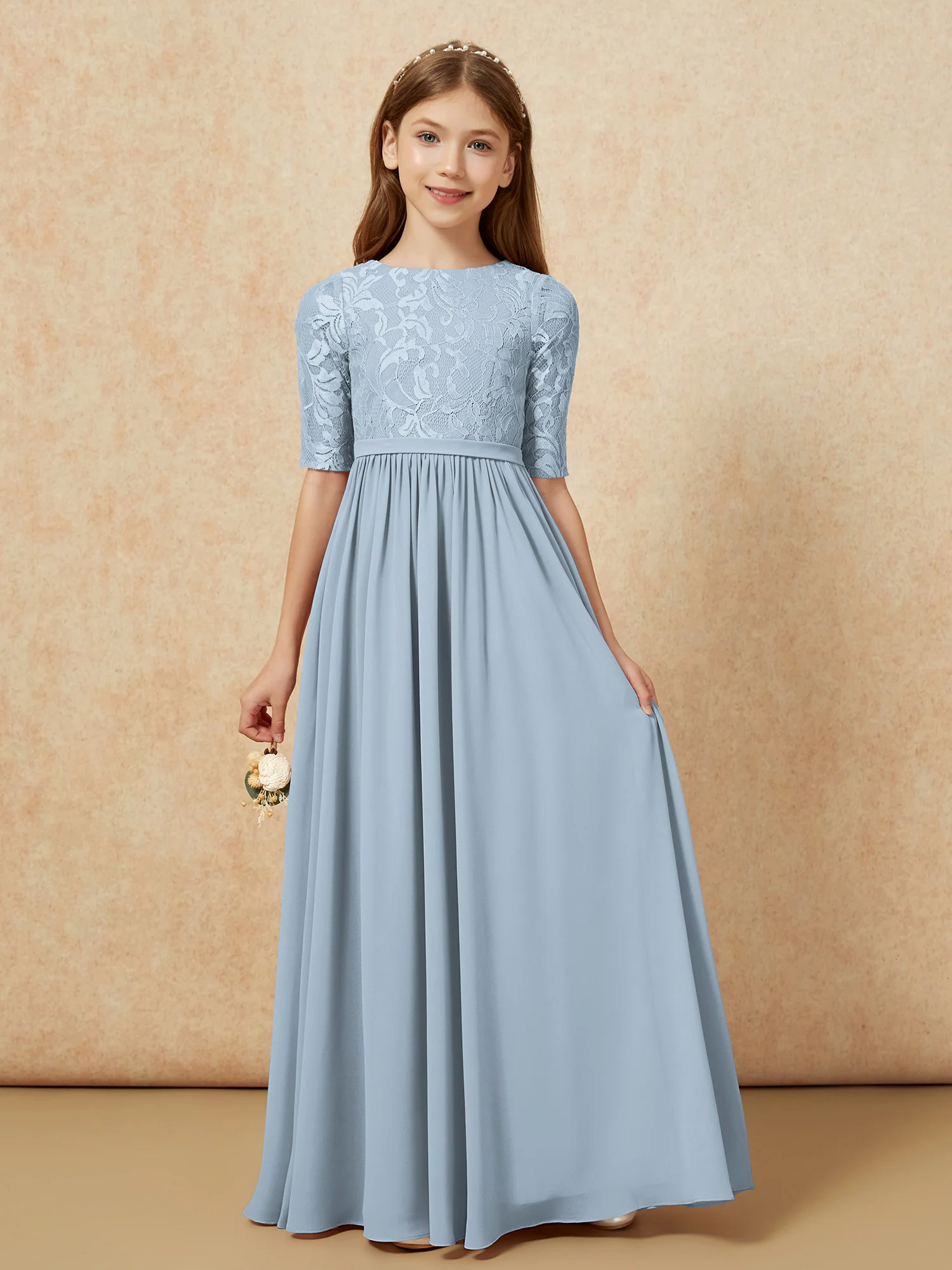 Half Sleeve Lace Top Chiffon Junior Bridesmaid Dresses Dusty Blue