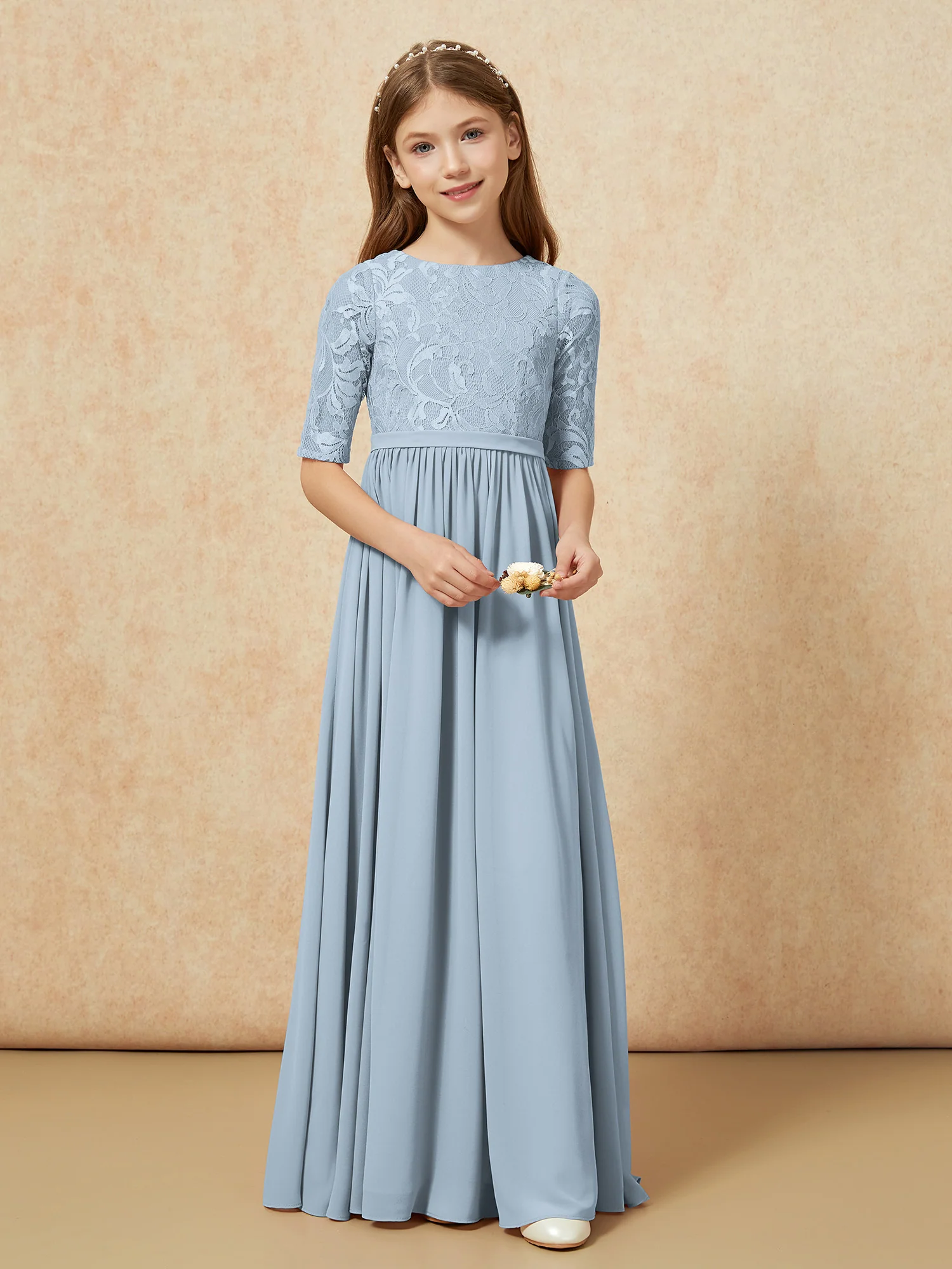 Half Sleeve Lace Top Chiffon Junior Bridesmaid Dresses Dusty Blue - Image 4