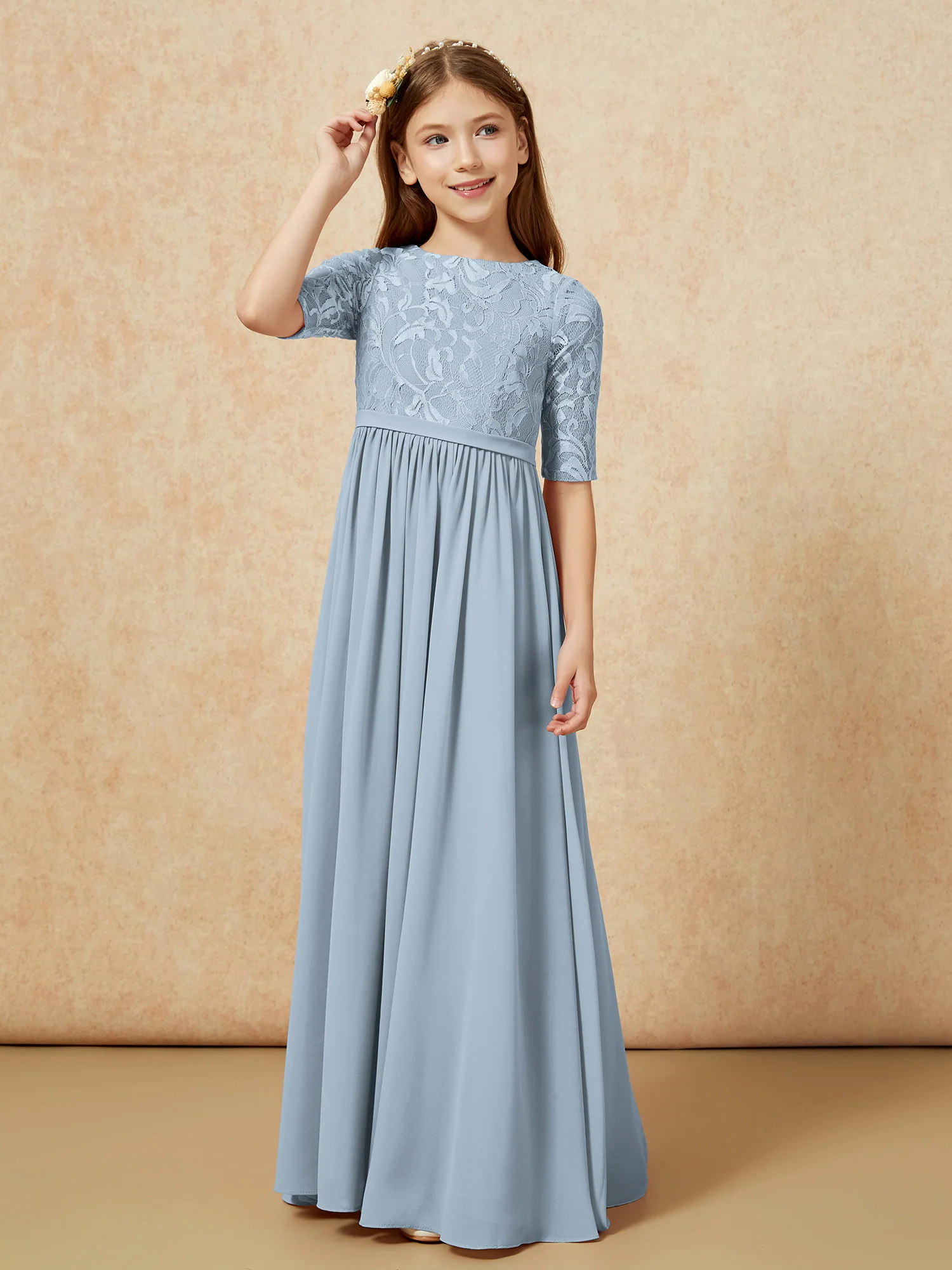 Half Sleeve Lace Top Chiffon Junior Bridesmaid Dresses Dusty Blue - Image 5