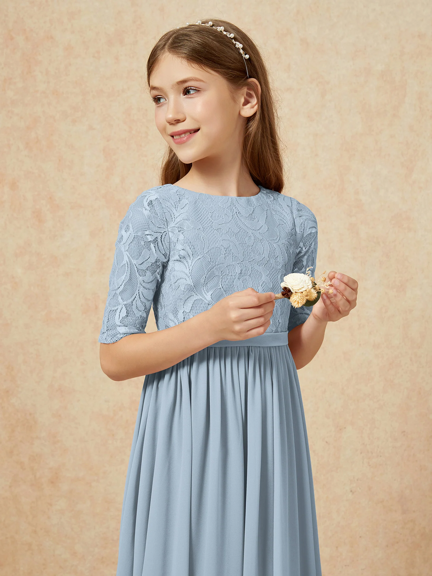 Half Sleeve Lace Top Chiffon Junior Bridesmaid Dresses Dusty Blue - Image 6
